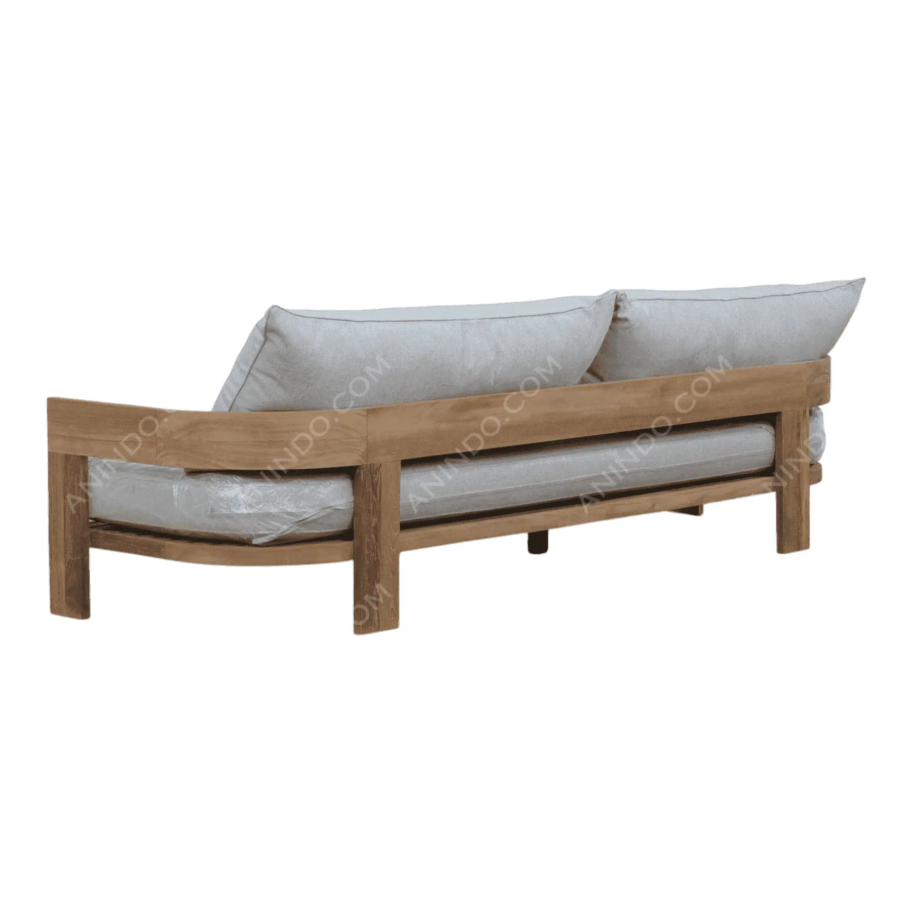 Wood frame sofa with light gray cushions