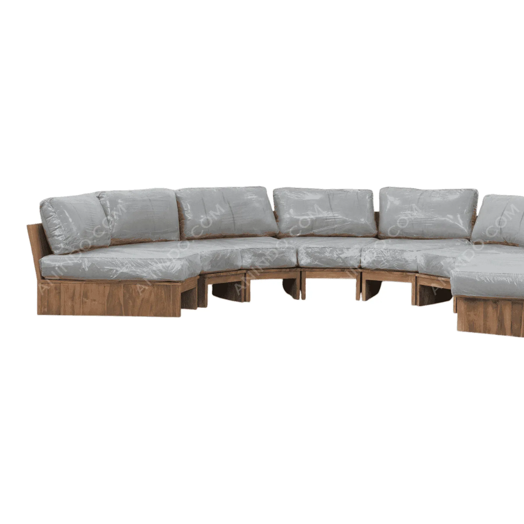Gray cushioned wooden curved sectional sofa