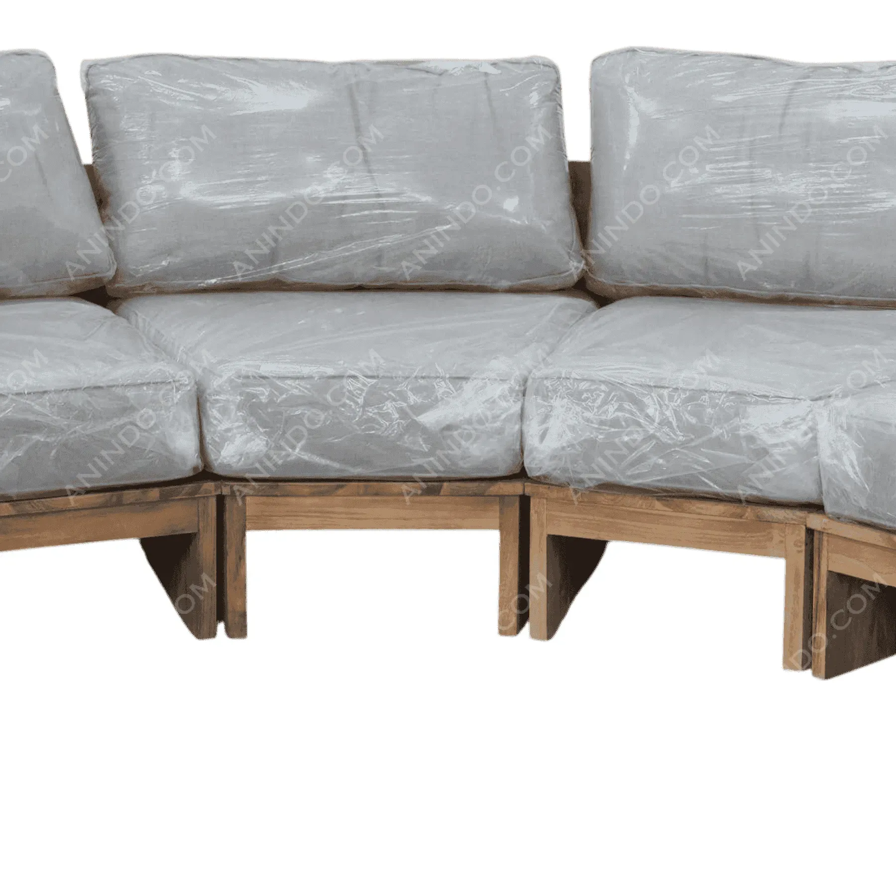 Outdoor wooden sectional sofa with gray cushions