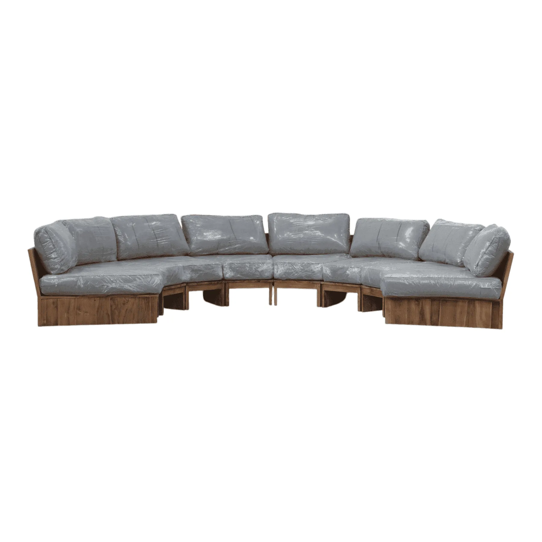 Curved wooden sectional sofa with gray cushions