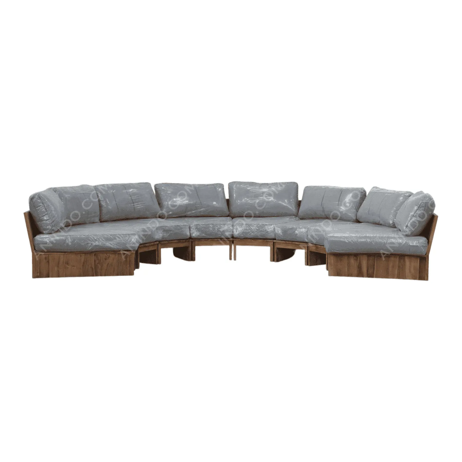 Curved wooden sectional sofa with gray cushions