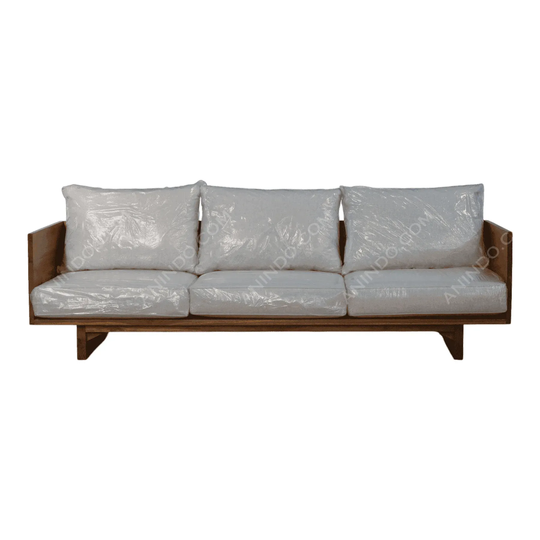 Modern wooden sofa with white cushions