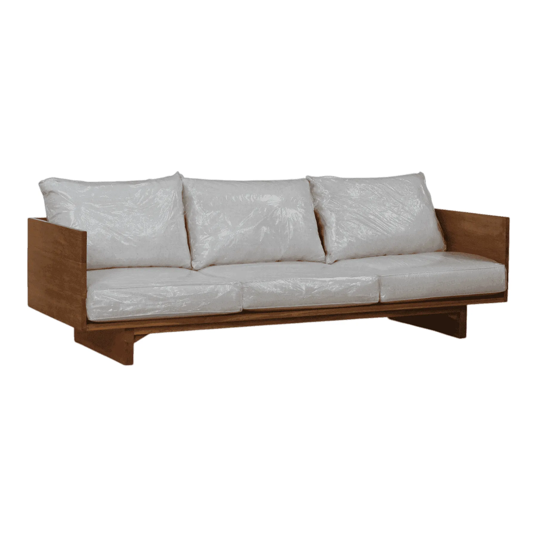 Modern wooden sofa with white cushions