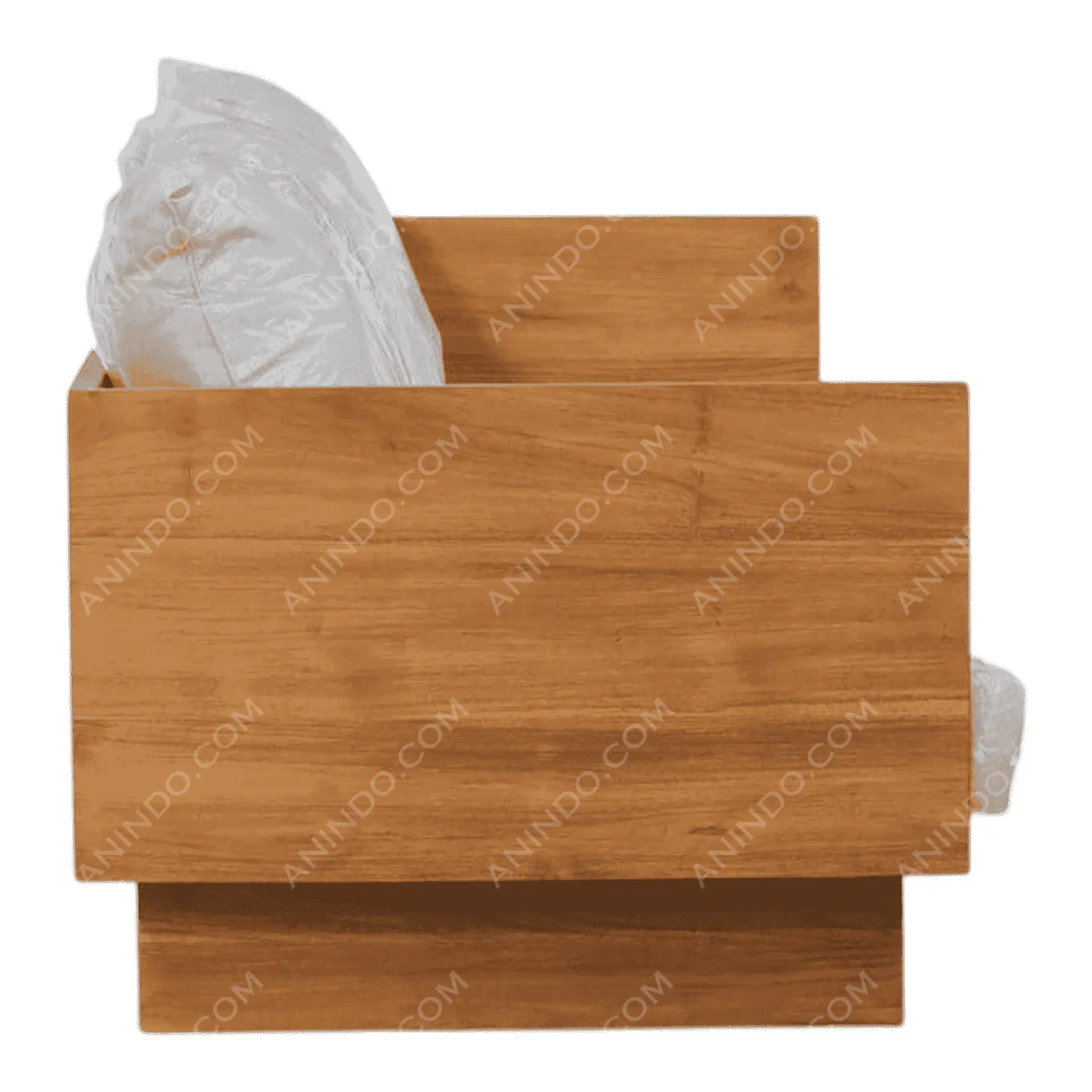 Modern wooden bed frame with white pillows