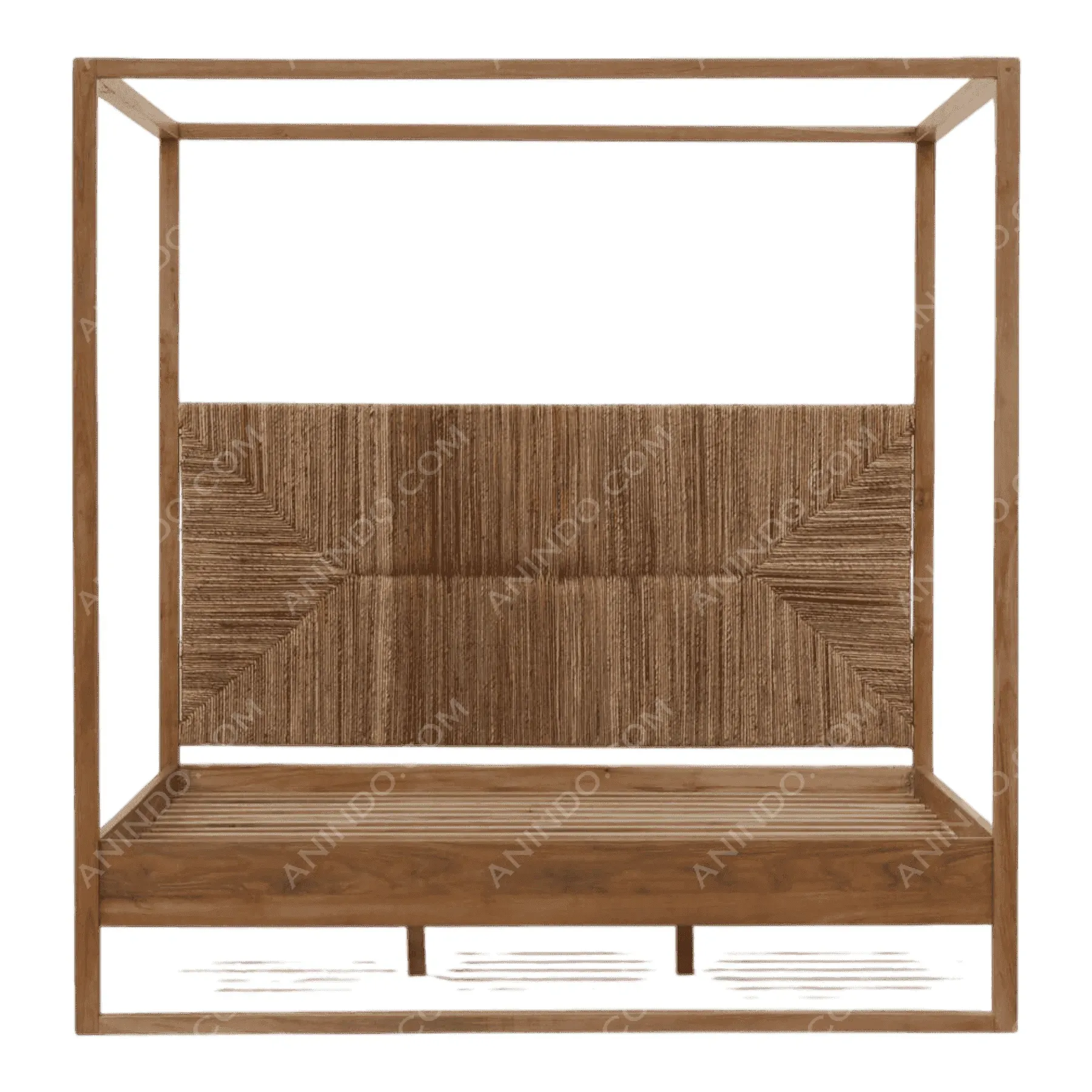 Wooden canopy bed with woven headboard design