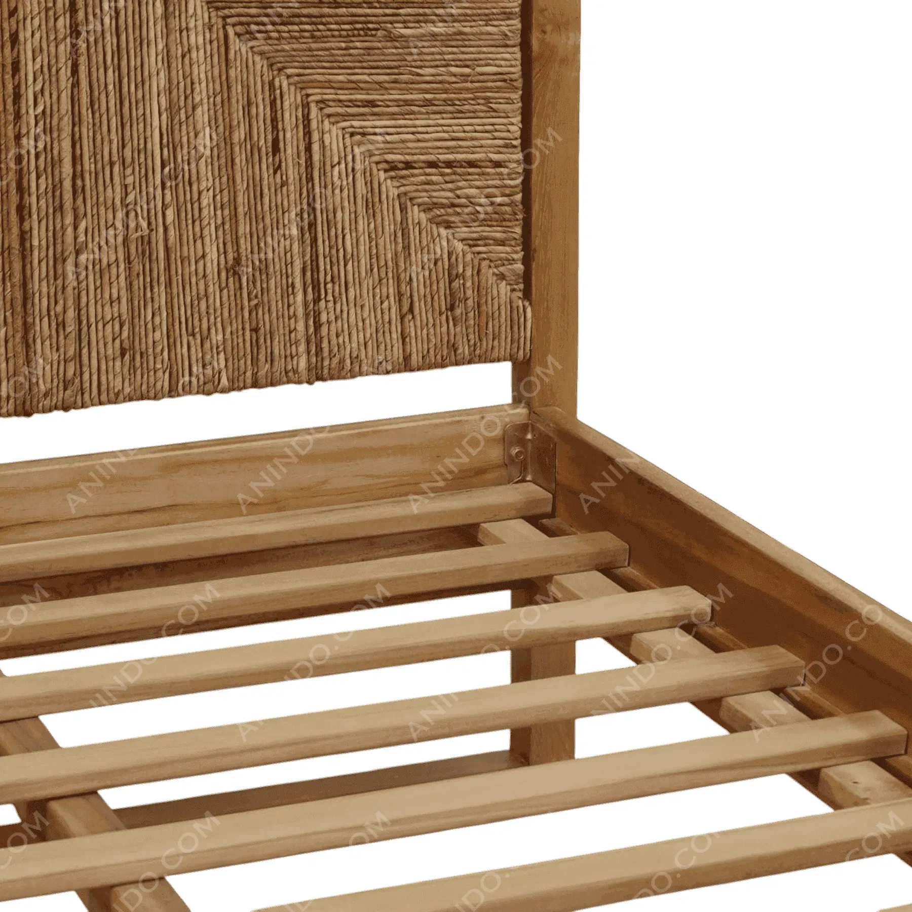 Wooden bed frame with woven headboard detail