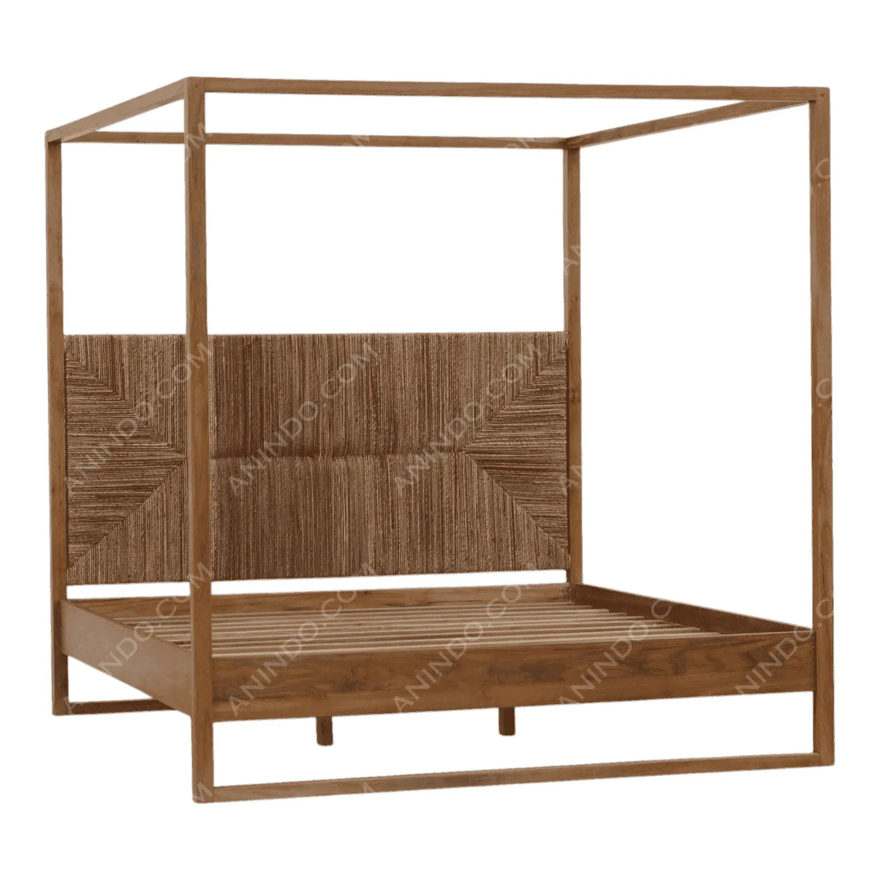 Wooden canopy bed with woven headboard