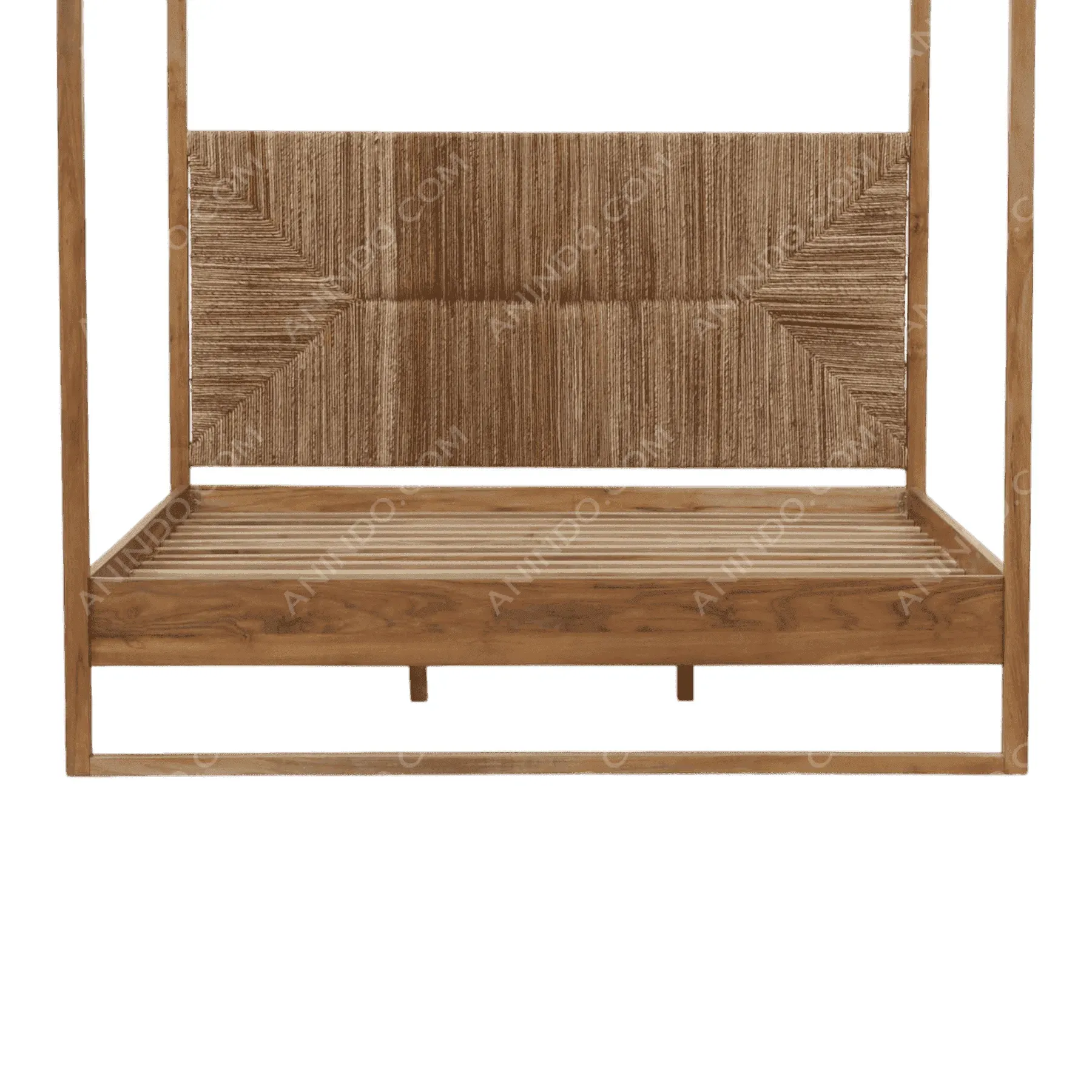 Wooden canopy bed with woven headboard design