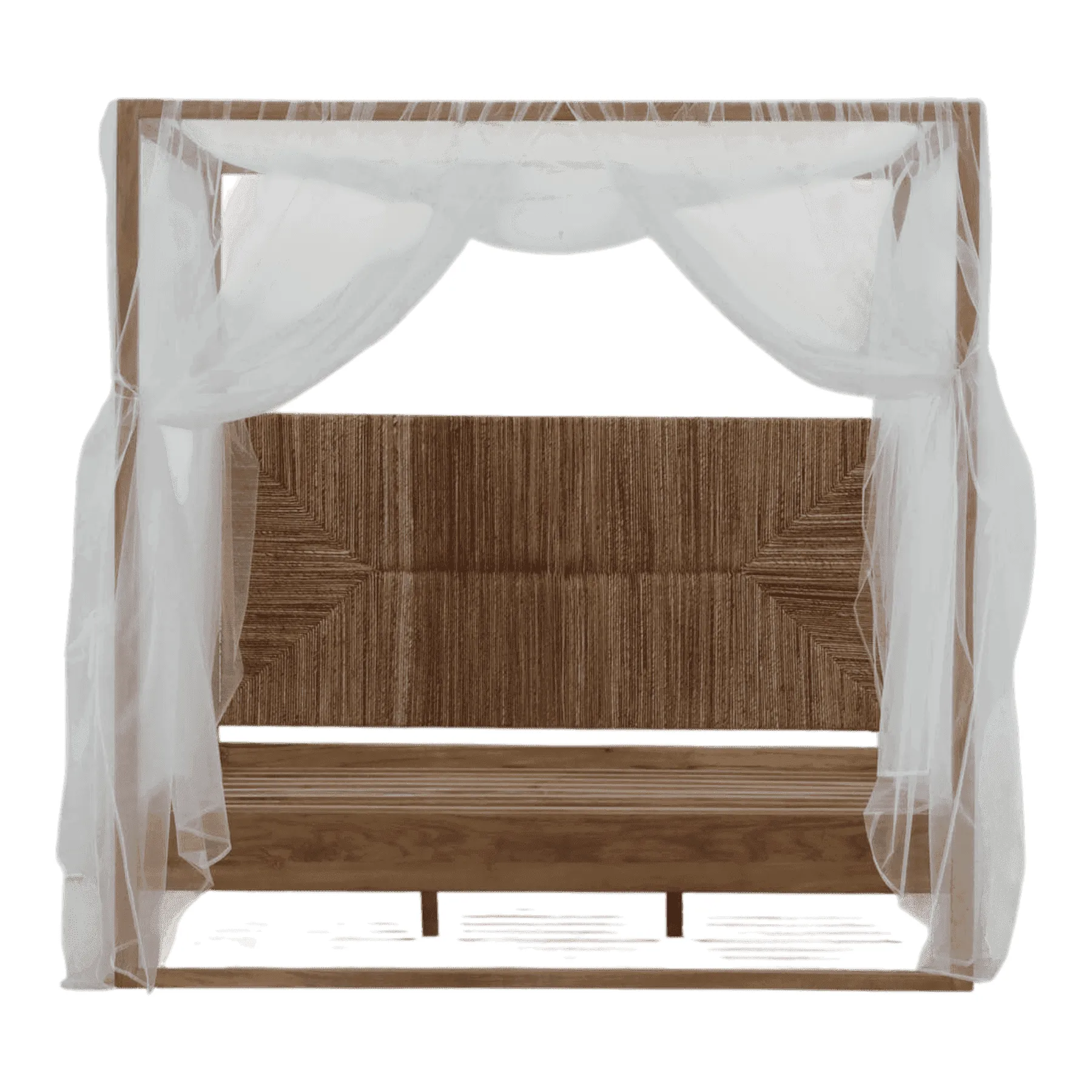 Wooden canopy bench with white sheer curtains