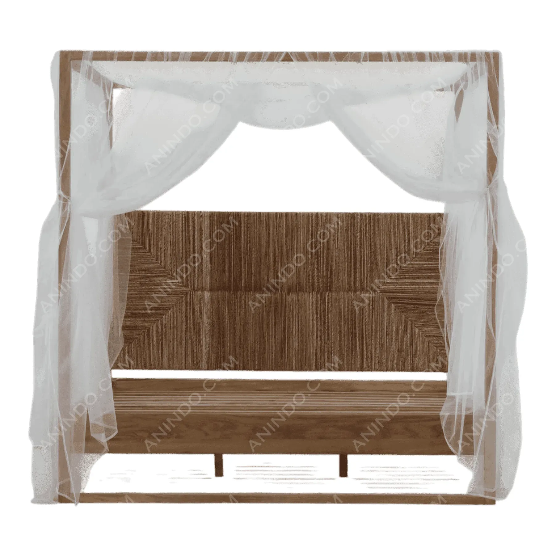 Wooden canopy bench with white sheer curtains