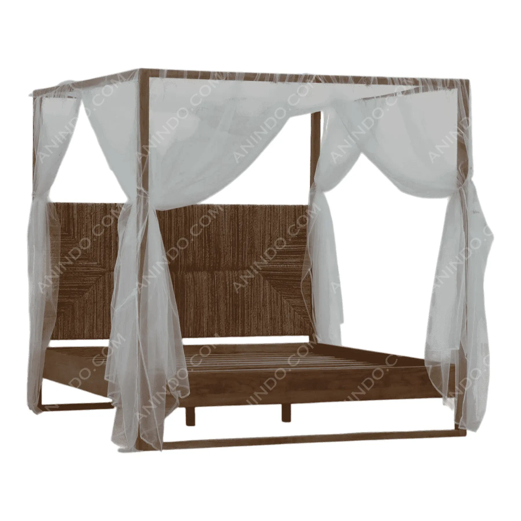 Wood canopy bed with white sheer curtains