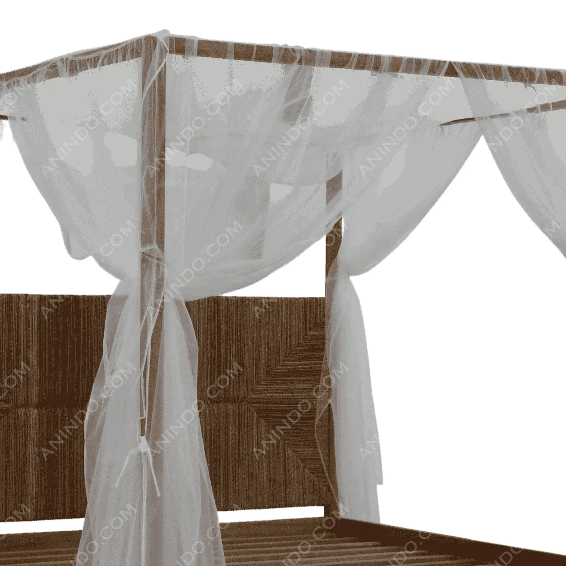 Wooden canopy bed frame with white net drapes