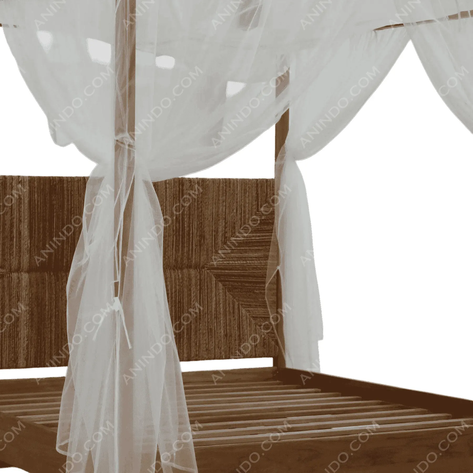 Wood canopy bed frame with sheer curtains