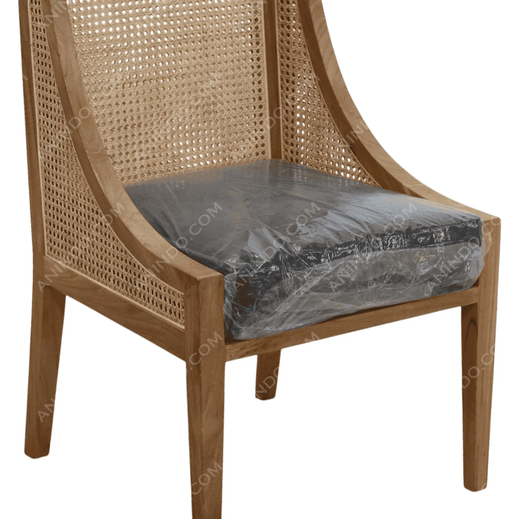 Wooden rattan chair with cushioned seat