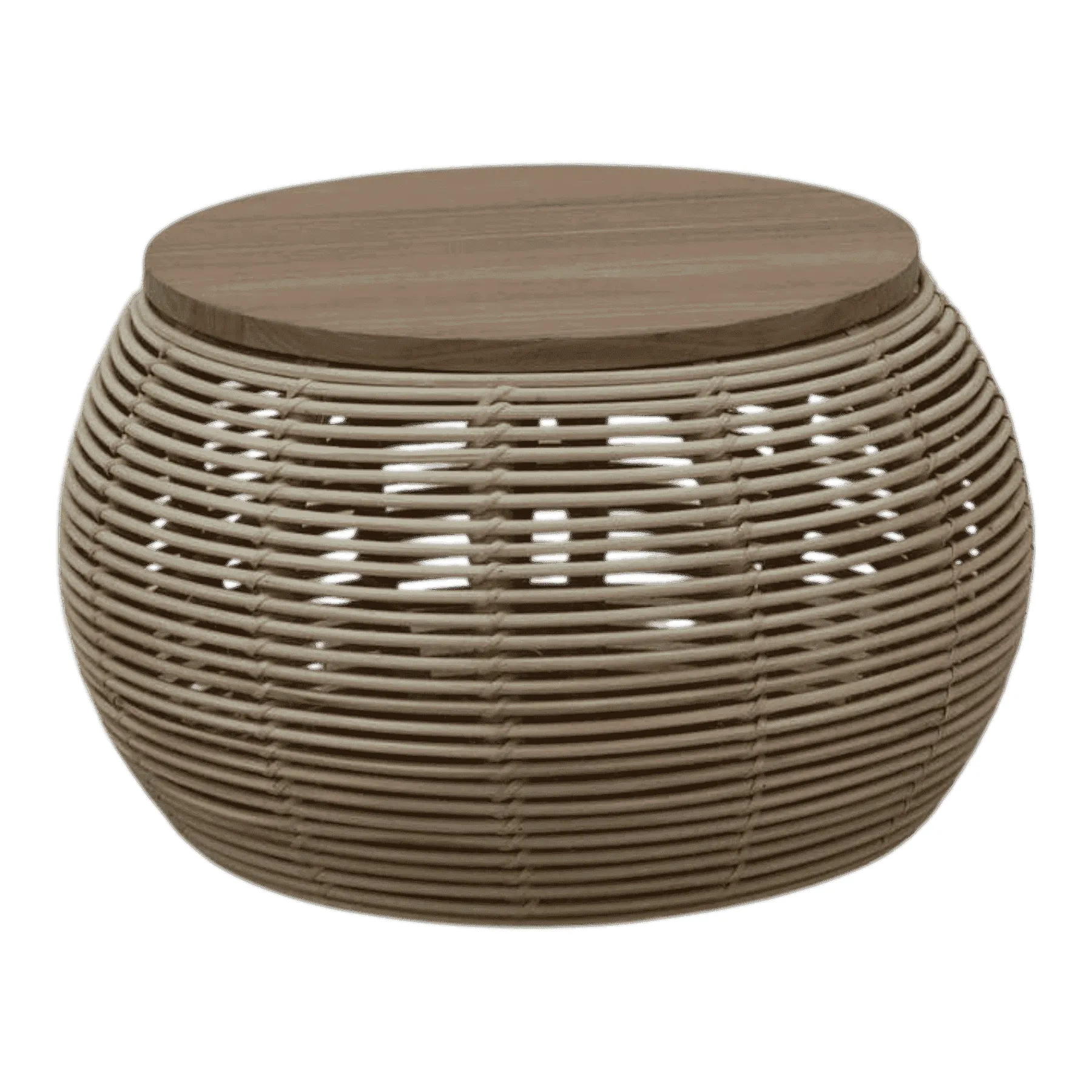 Round wicker coffee table with wooden top