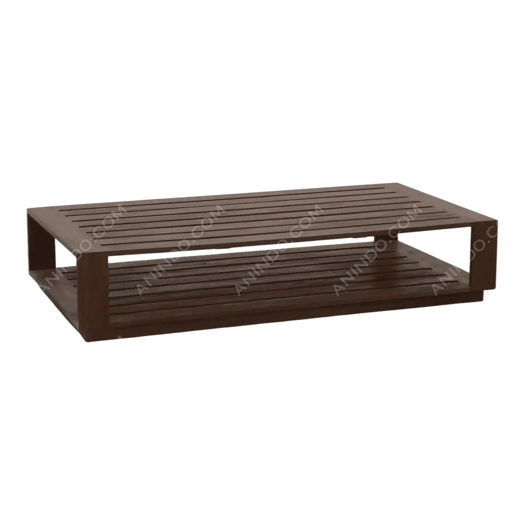 Modern wooden slatted coffee table with shelf