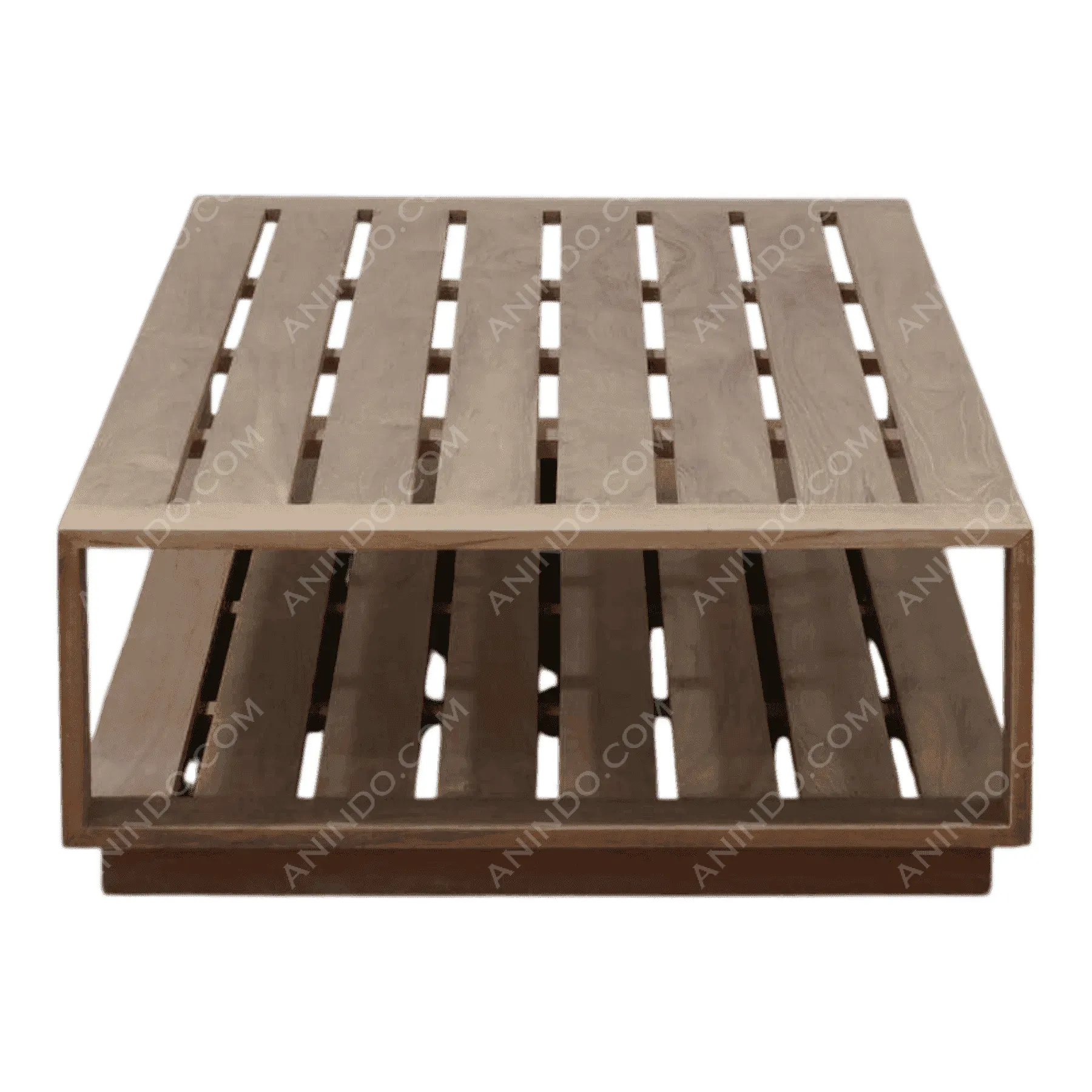 Modern wooden slatted coffee table with open shelf