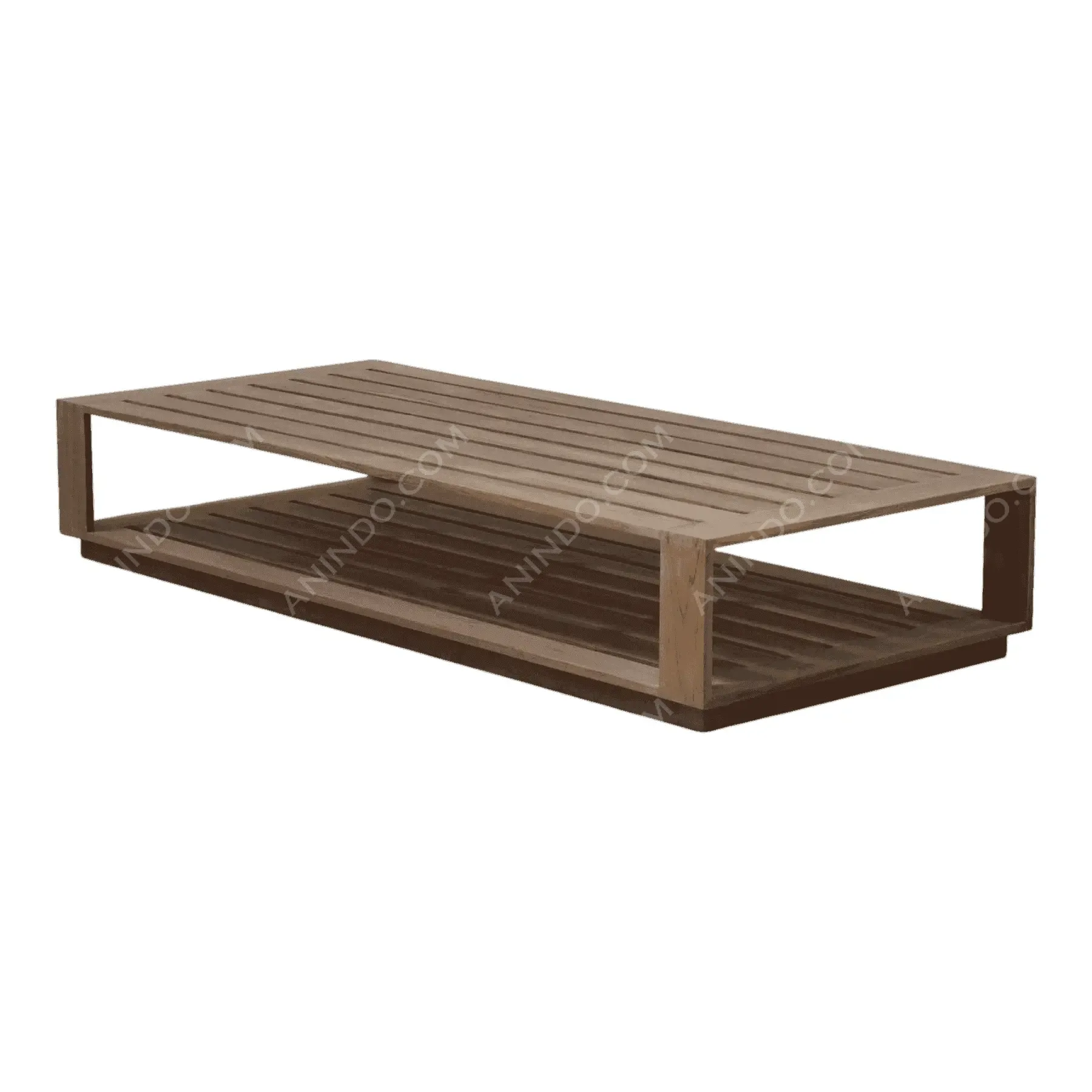Modern wooden slatted coffee table with shelf