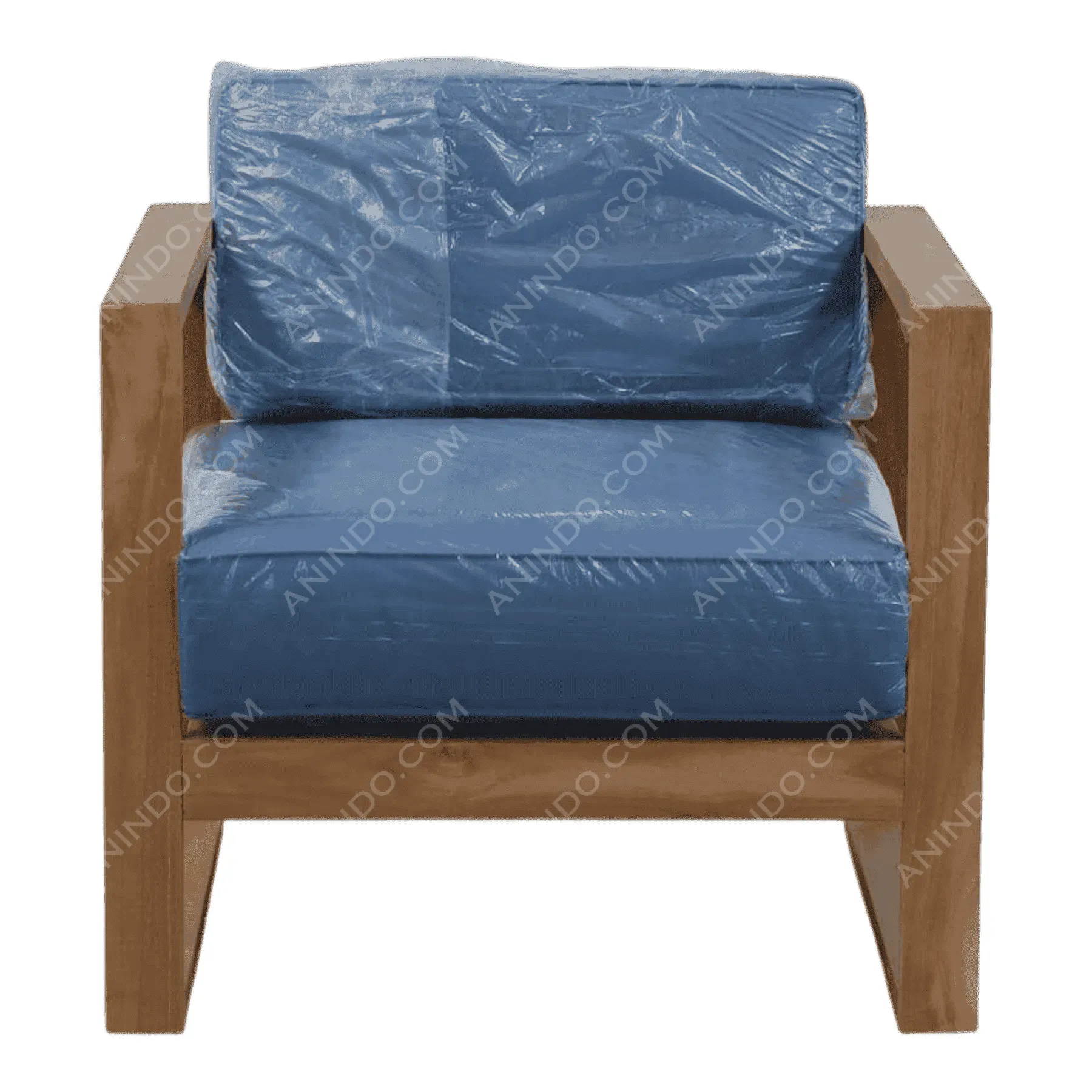 Wooden armchair with blue cushions