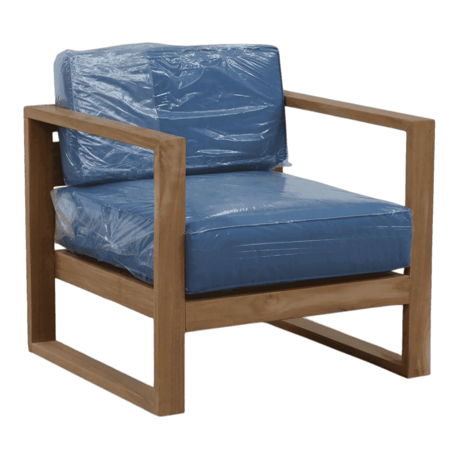 Wooden armchair with blue cushions