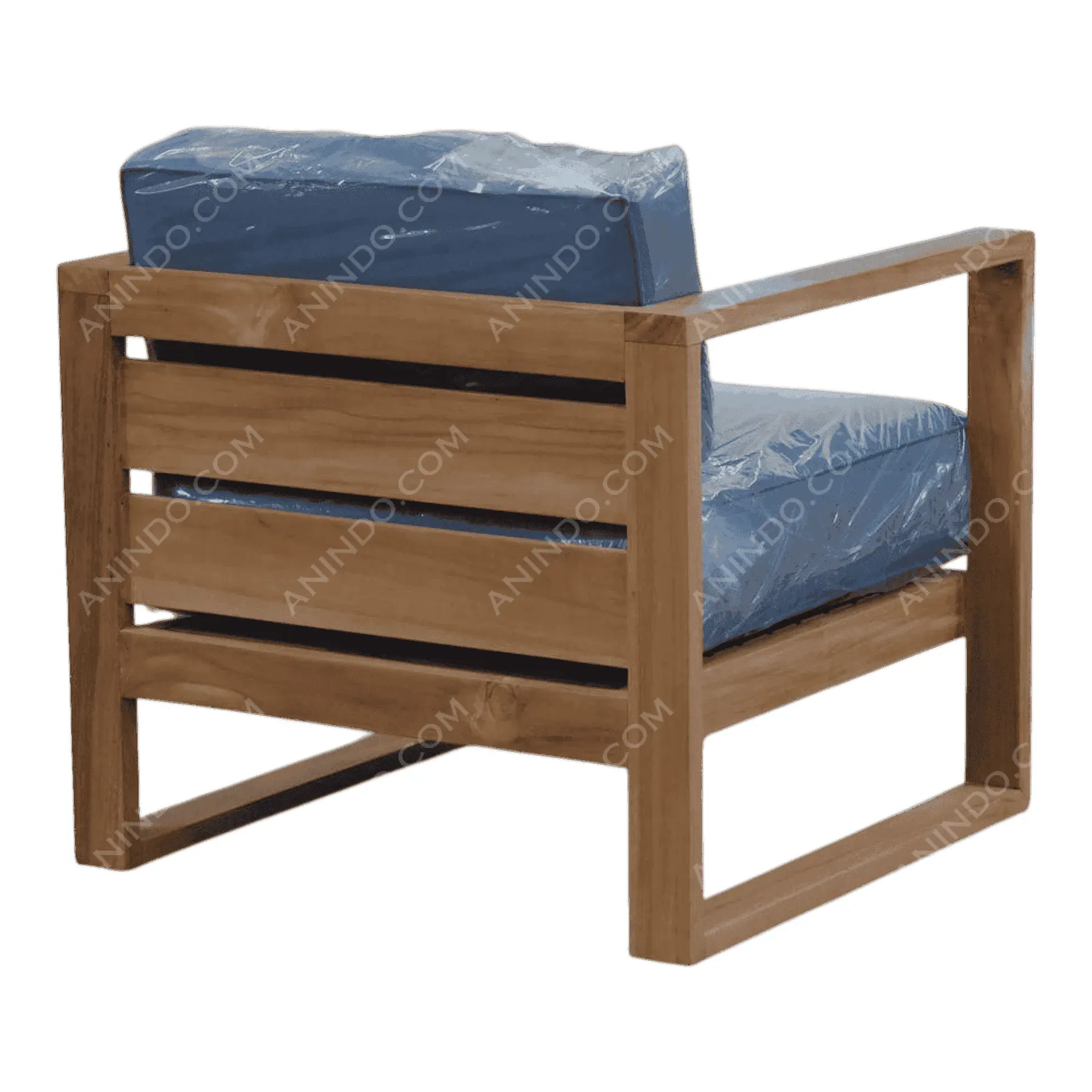 Wooden armchair with blue cushions