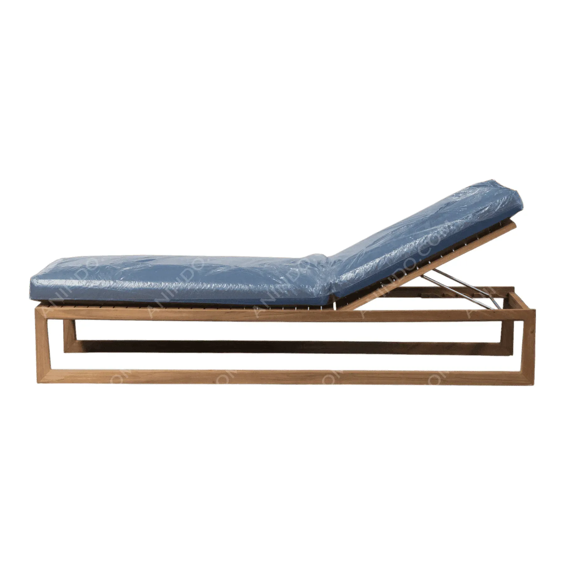 Wooden outdoor lounge chair with blue cushion