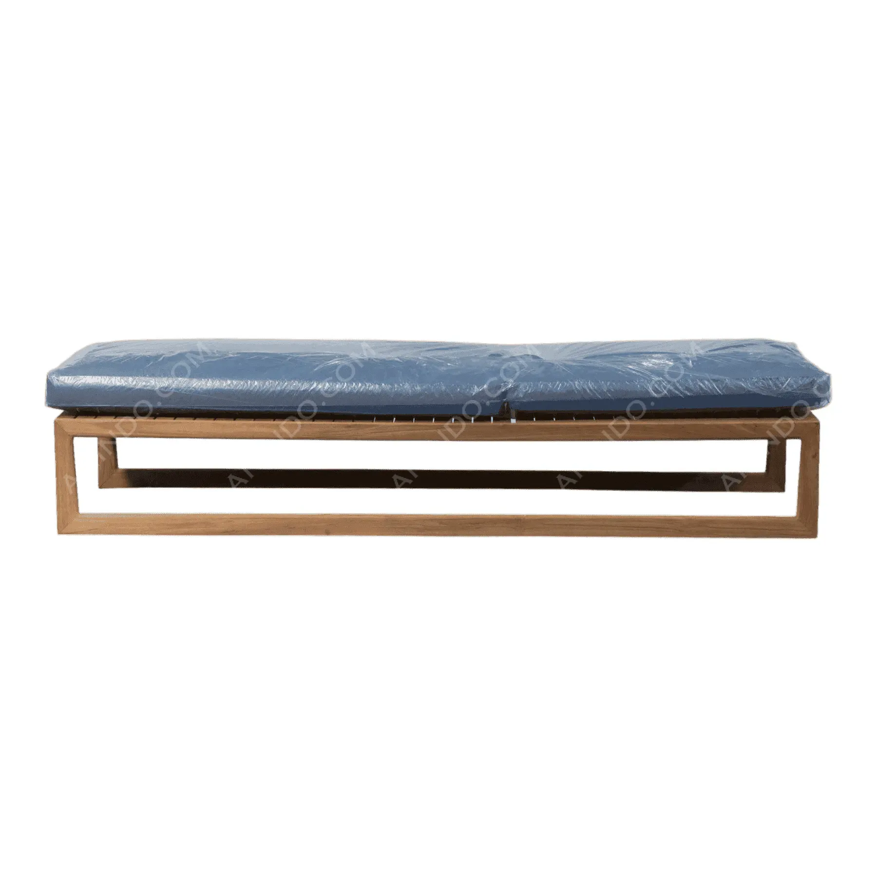 Modern wooden bench with blue cushion