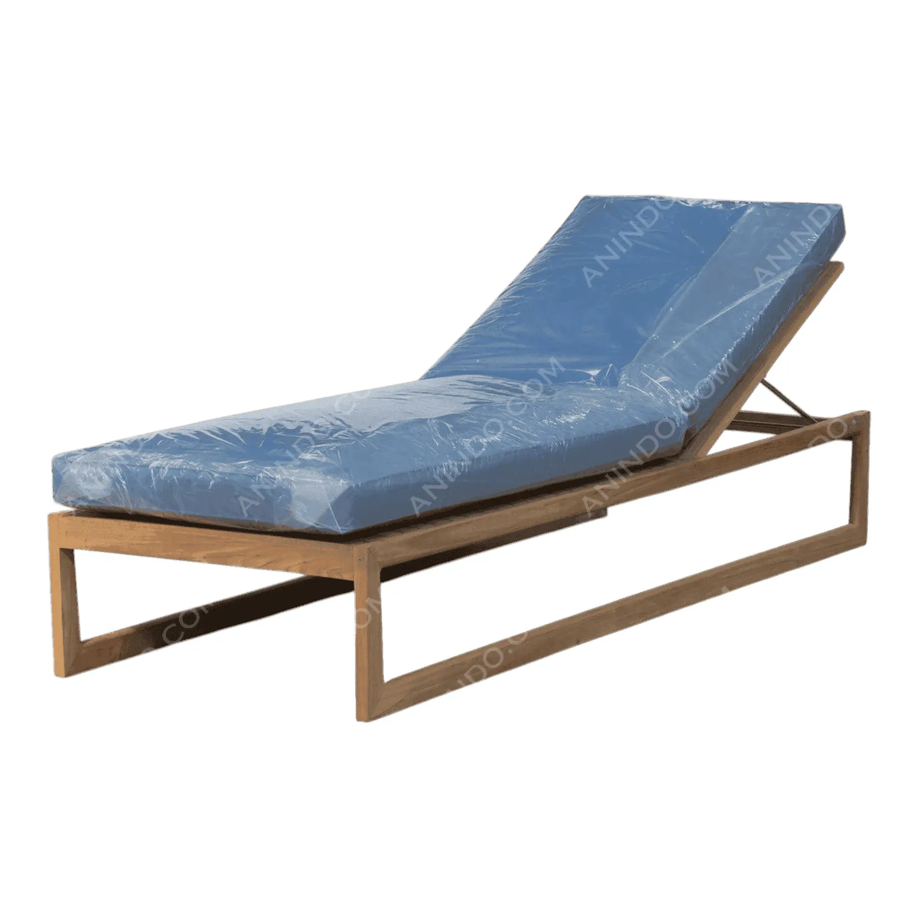 Wooden outdoor lounge chair with blue cushion