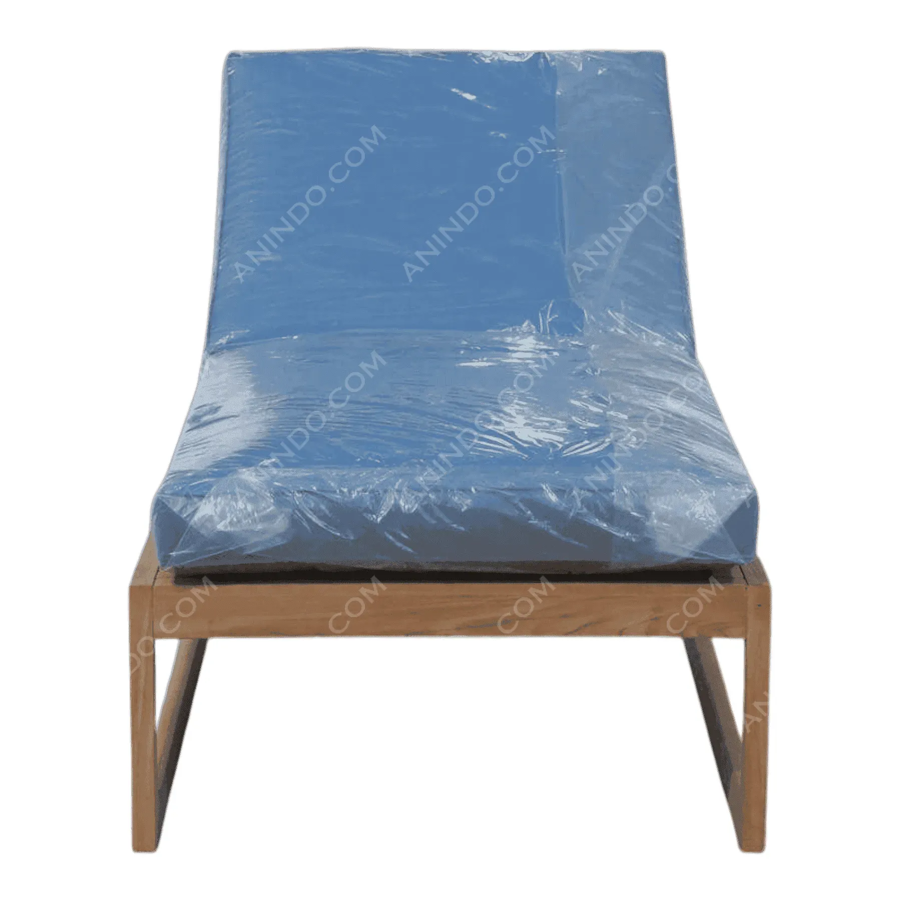 Wooden lounge chair with blue cushion