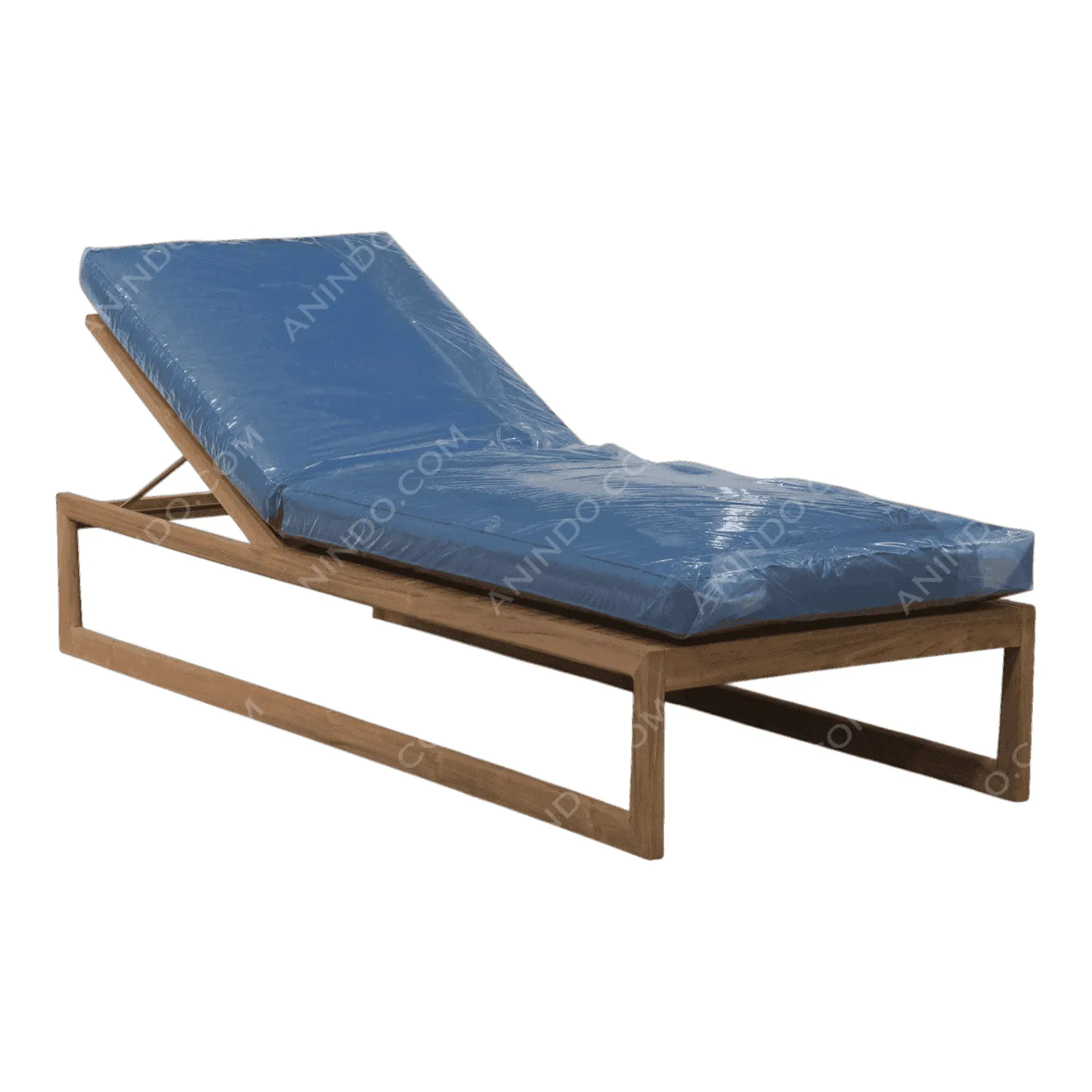 Wooden lounge chair with blue cushion