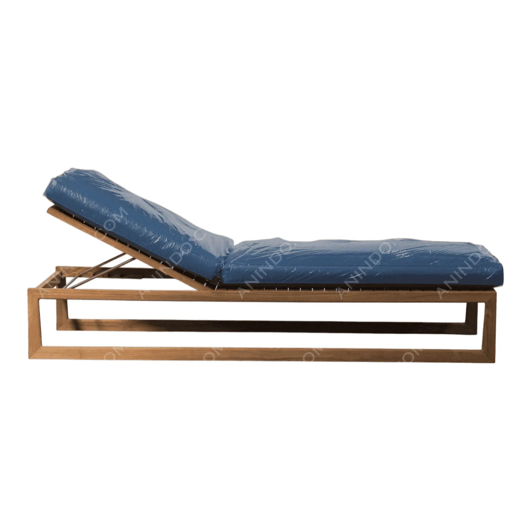 Wooden outdoor lounge chair with blue cushion