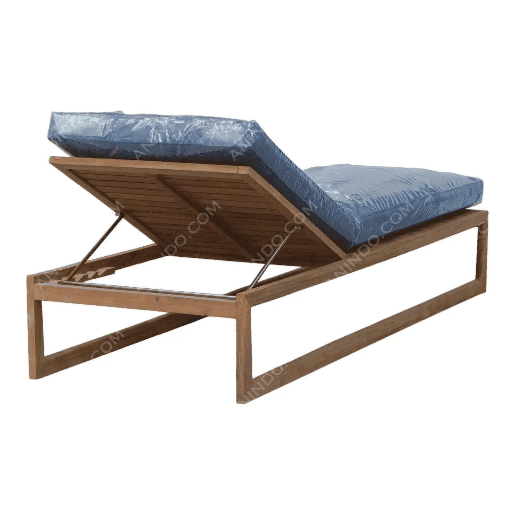 Wooden outdoor lounge chair with blue cushion