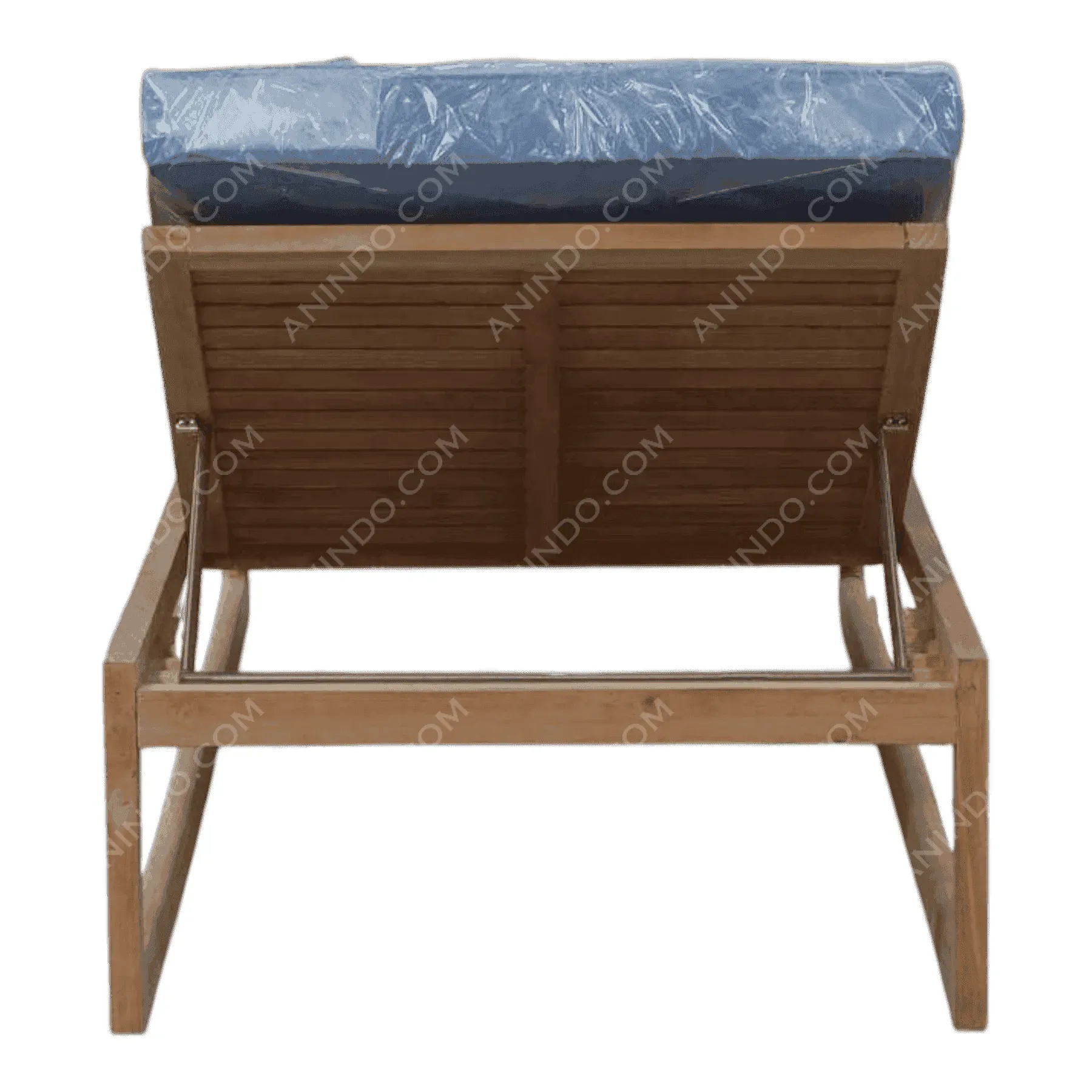 Wooden outdoor lounge chair with blue cushion