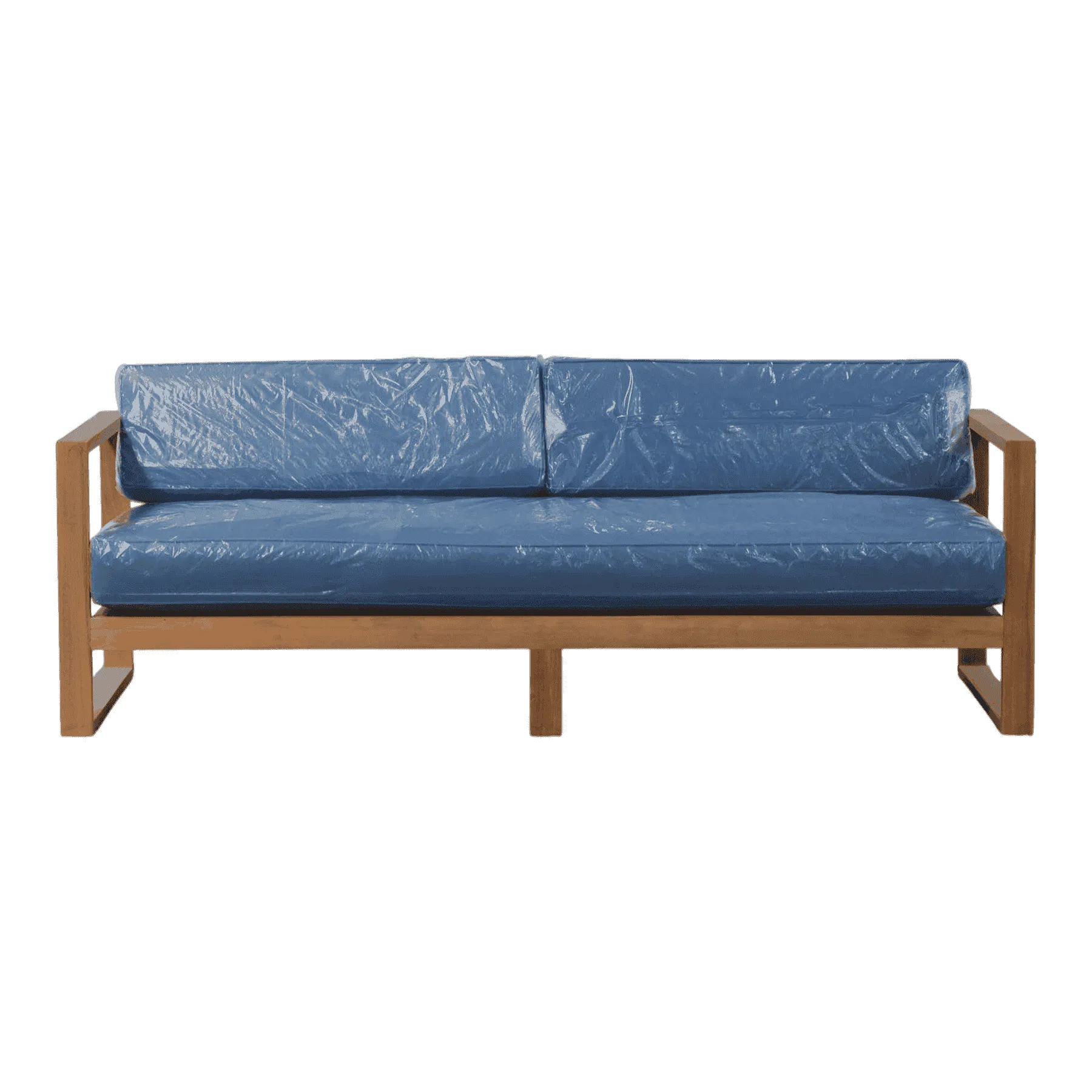 Wooden sofa with blue cushions