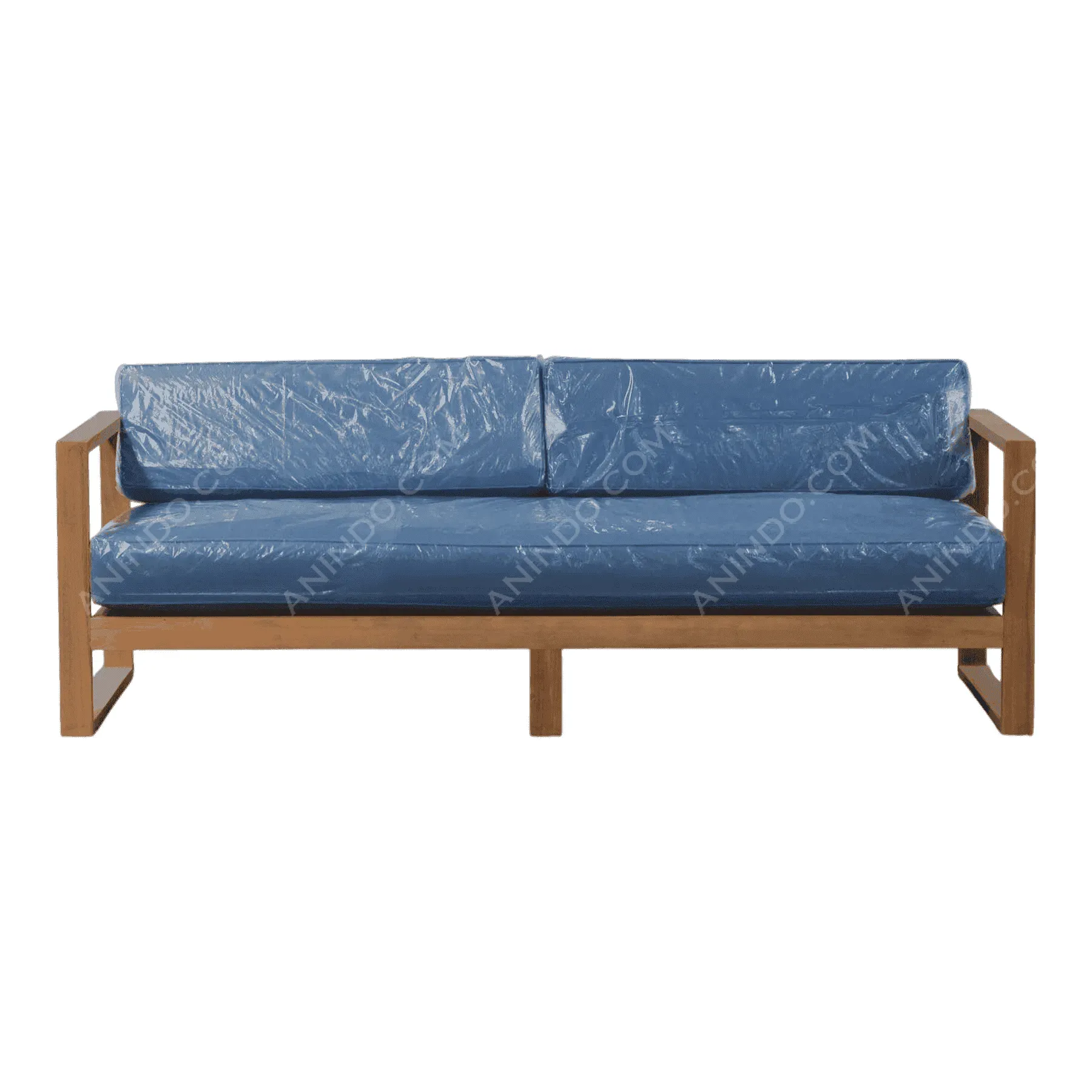 Wooden sofa with blue cushions
