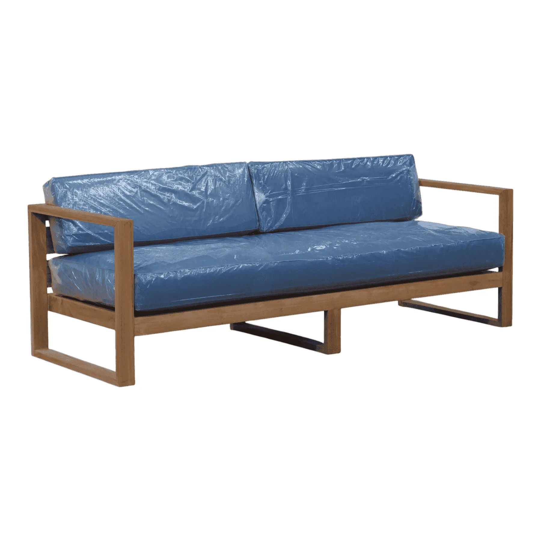 Modern wooden sofa with blue cushions