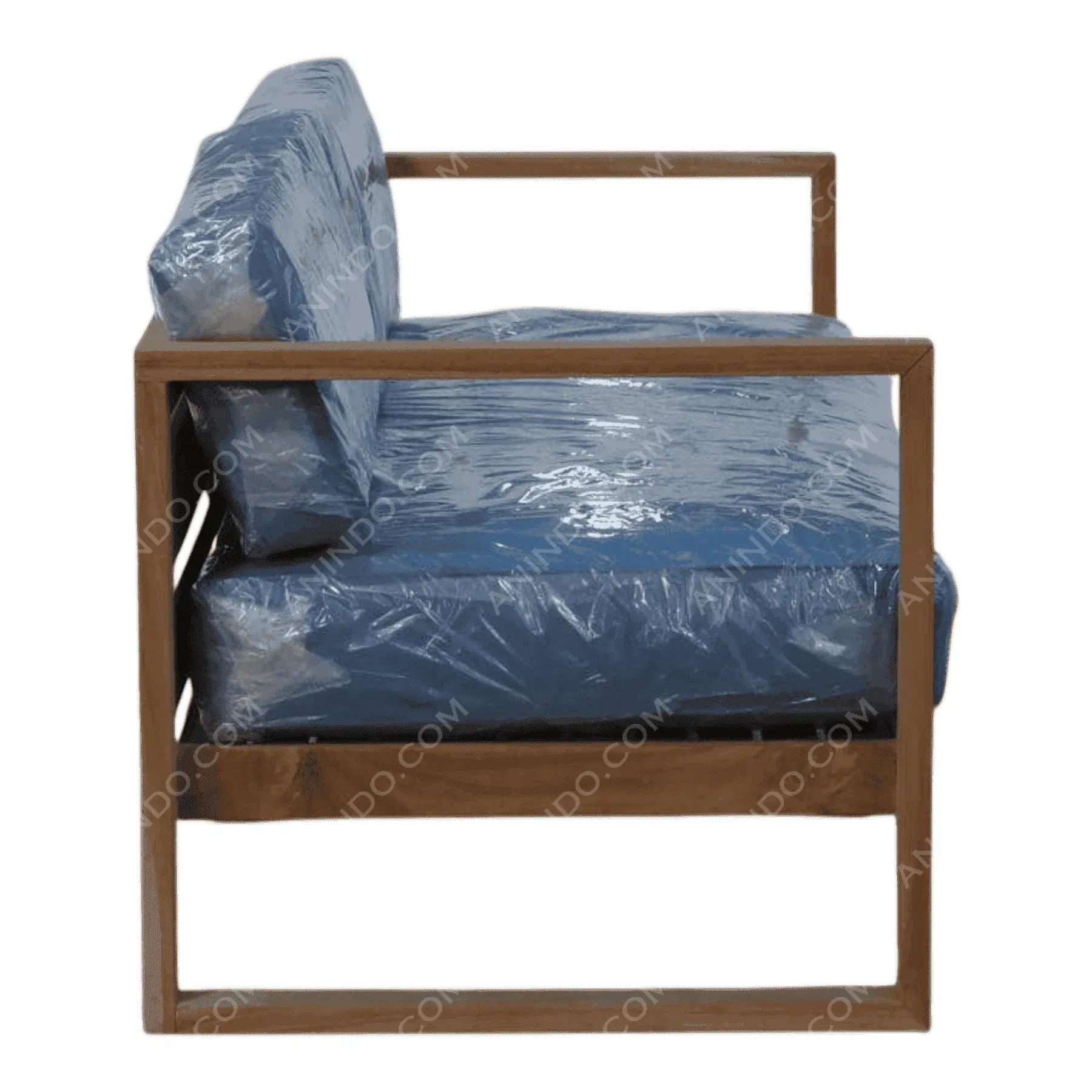 Wooden frame chair with blue cushions