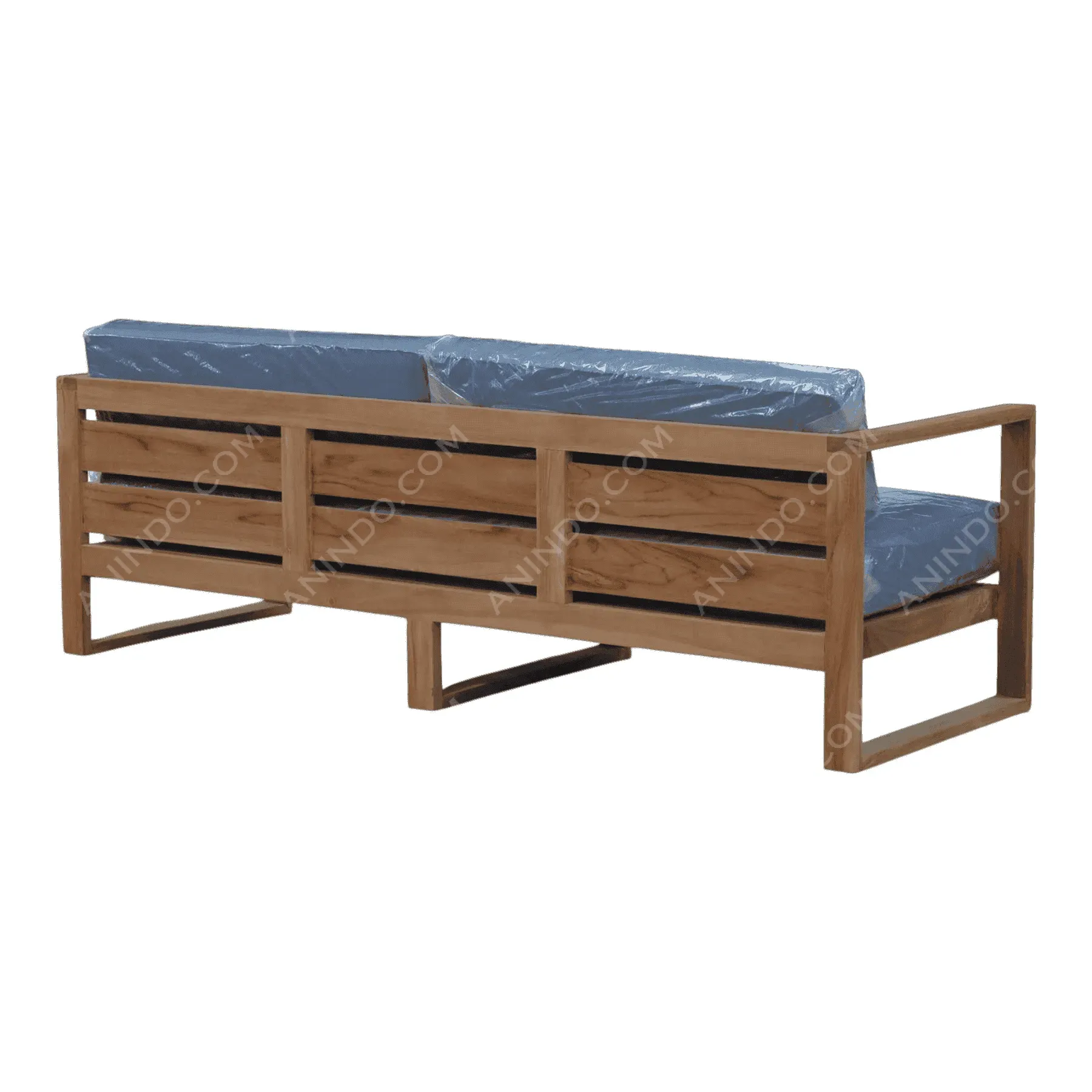 Wooden outdoor sofa with blue cushions