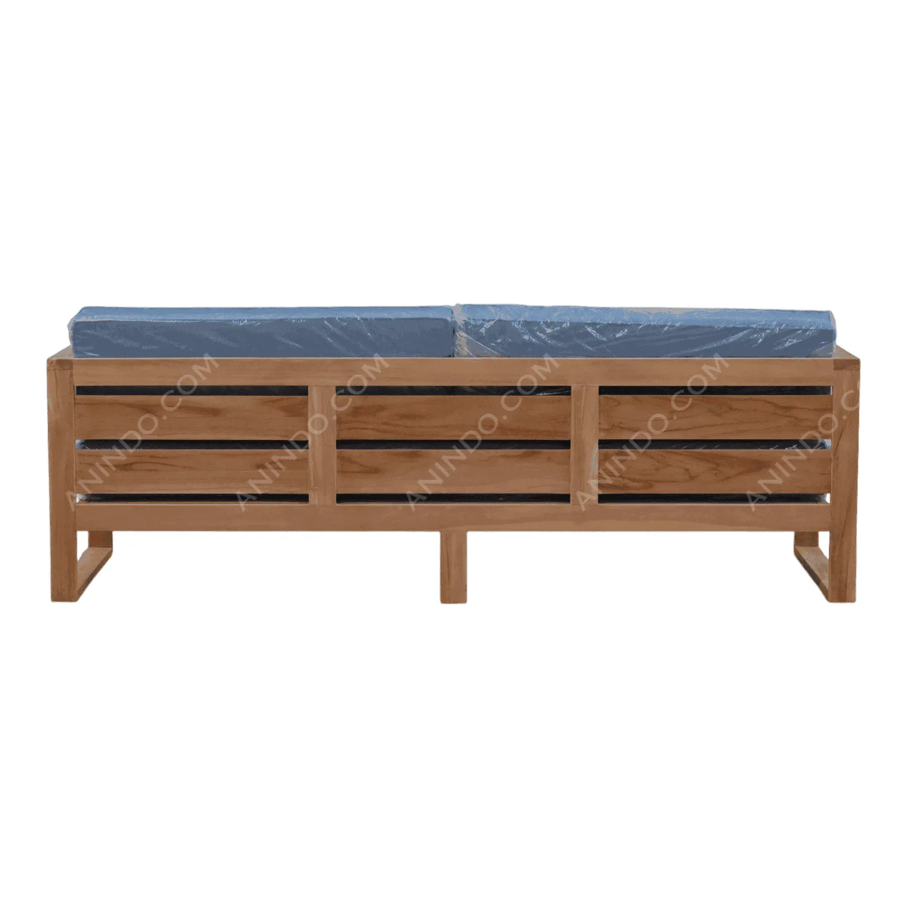 Wooden outdoor bench with blue cushions
