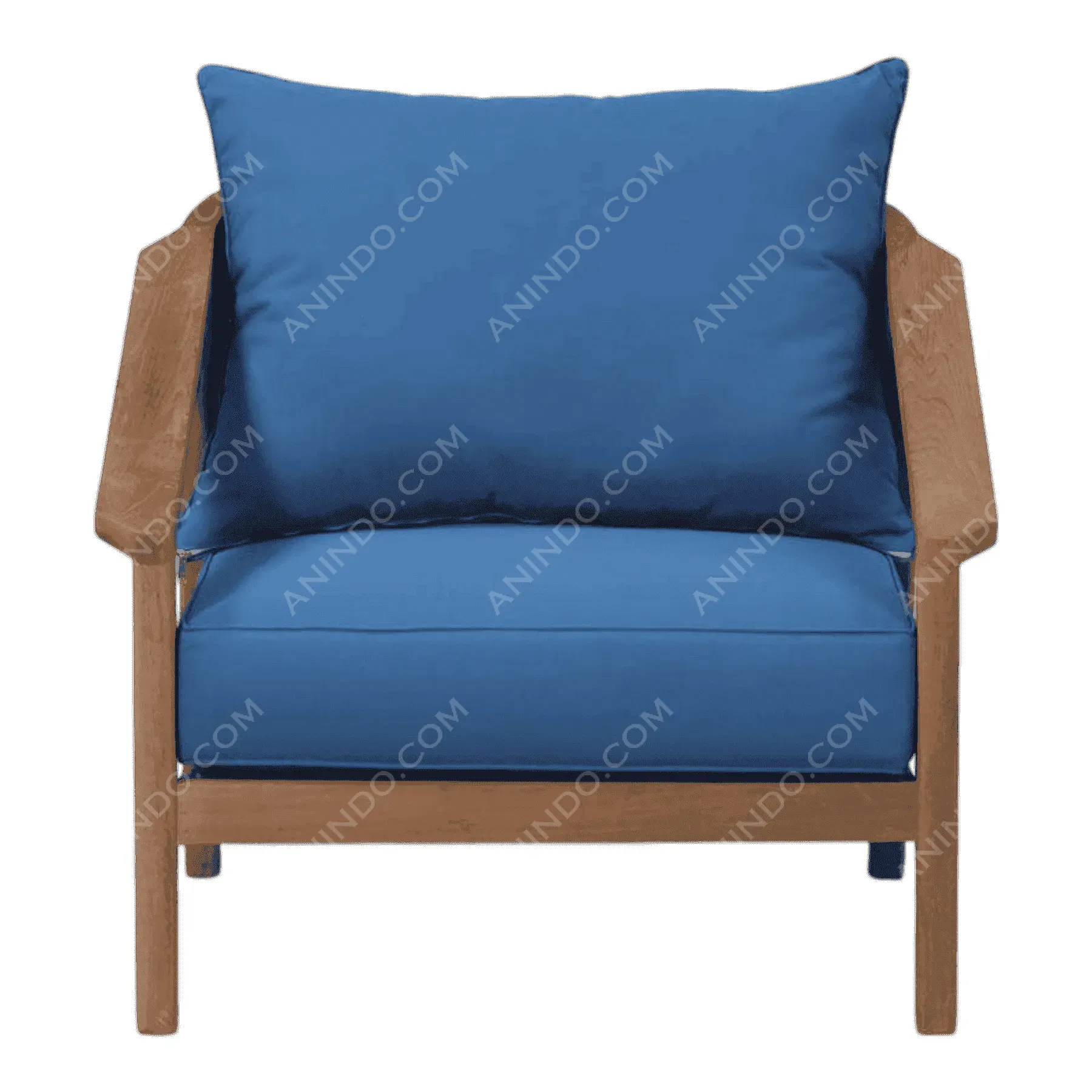 Wood armchair with blue cushions