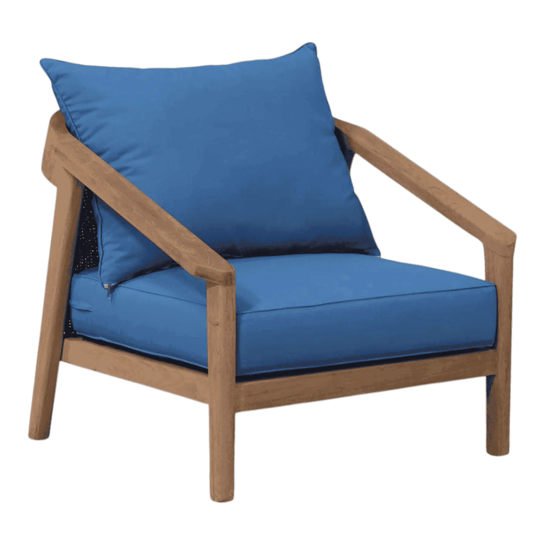 Wooden armchair with blue cushions