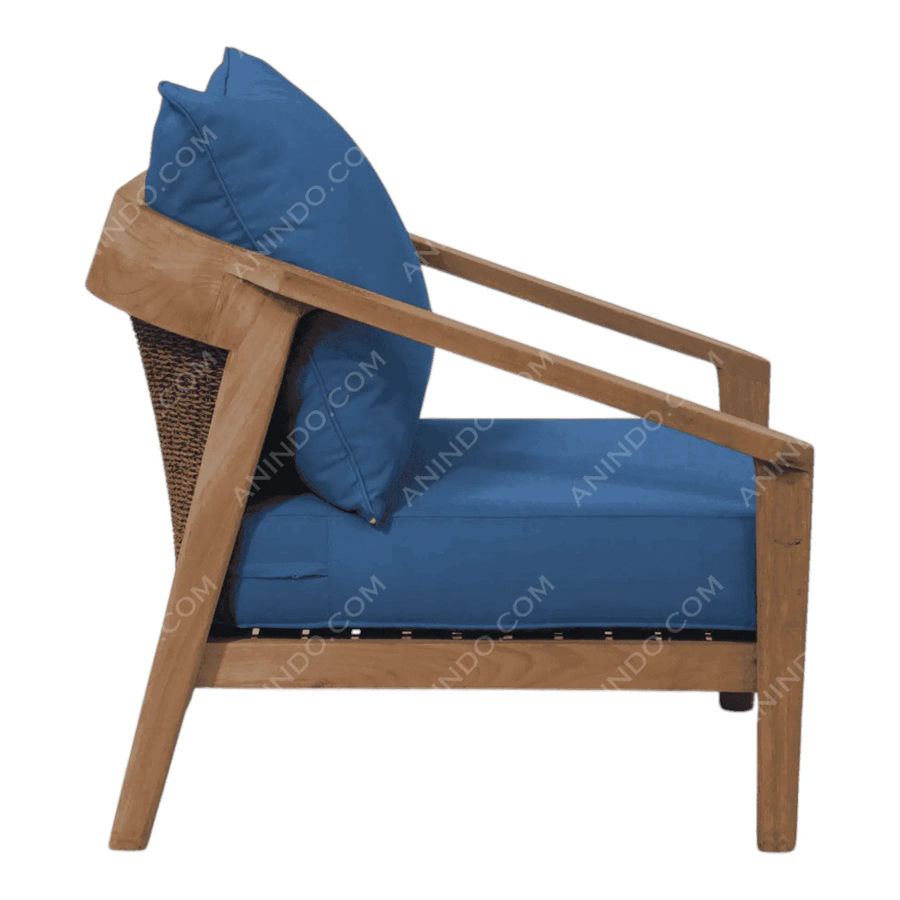 Wooden armchair with blue cushions