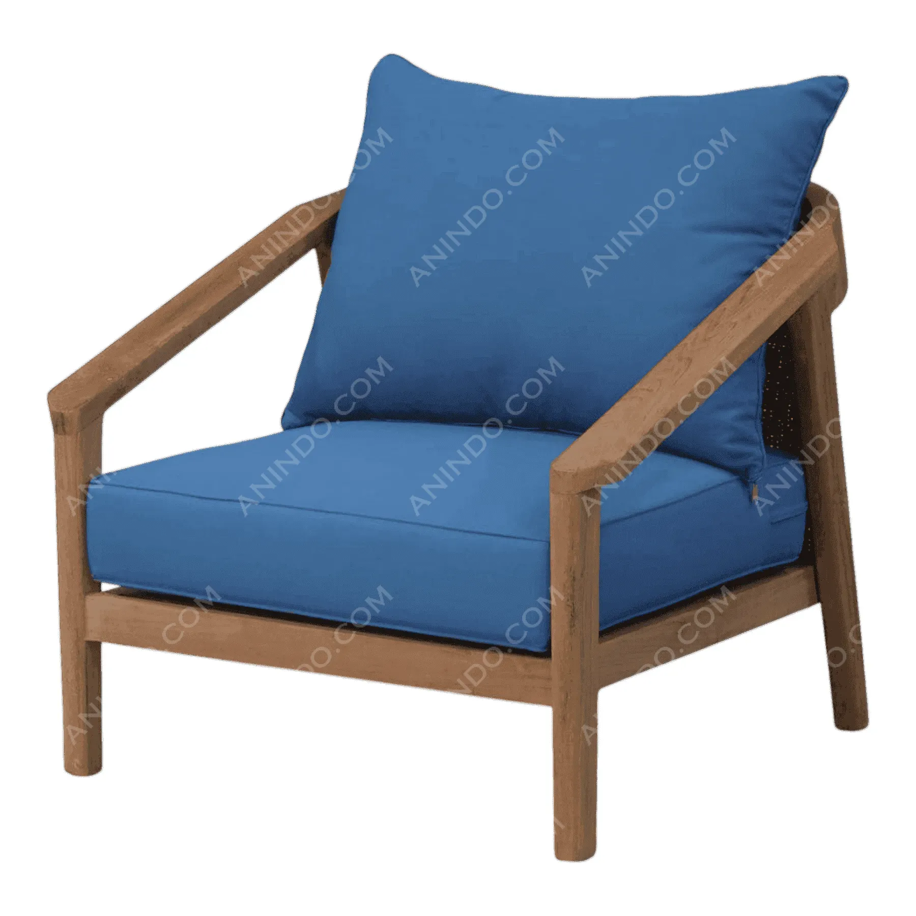 Wooden armchair with blue cushions