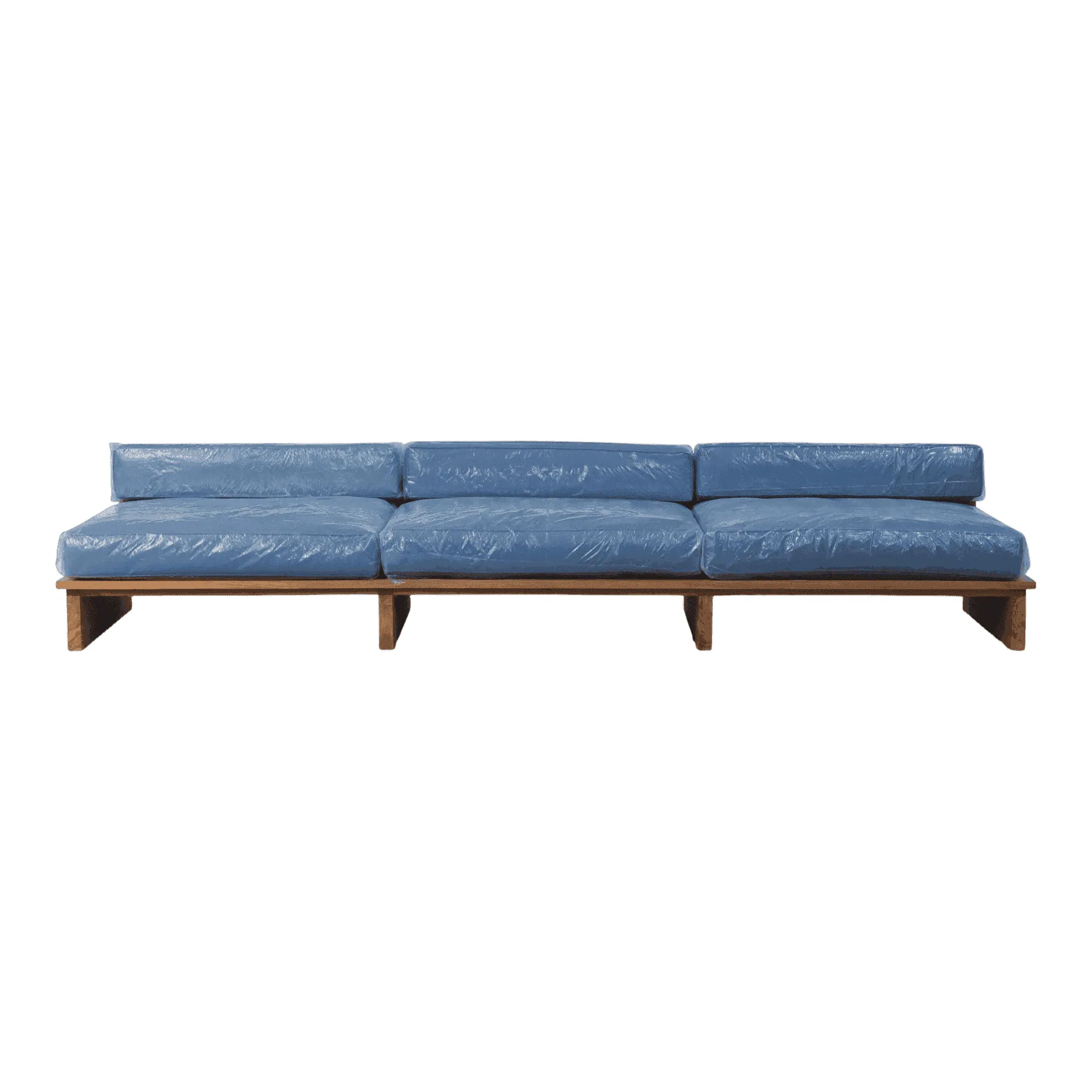 Modern blue leather sofa with wooden base