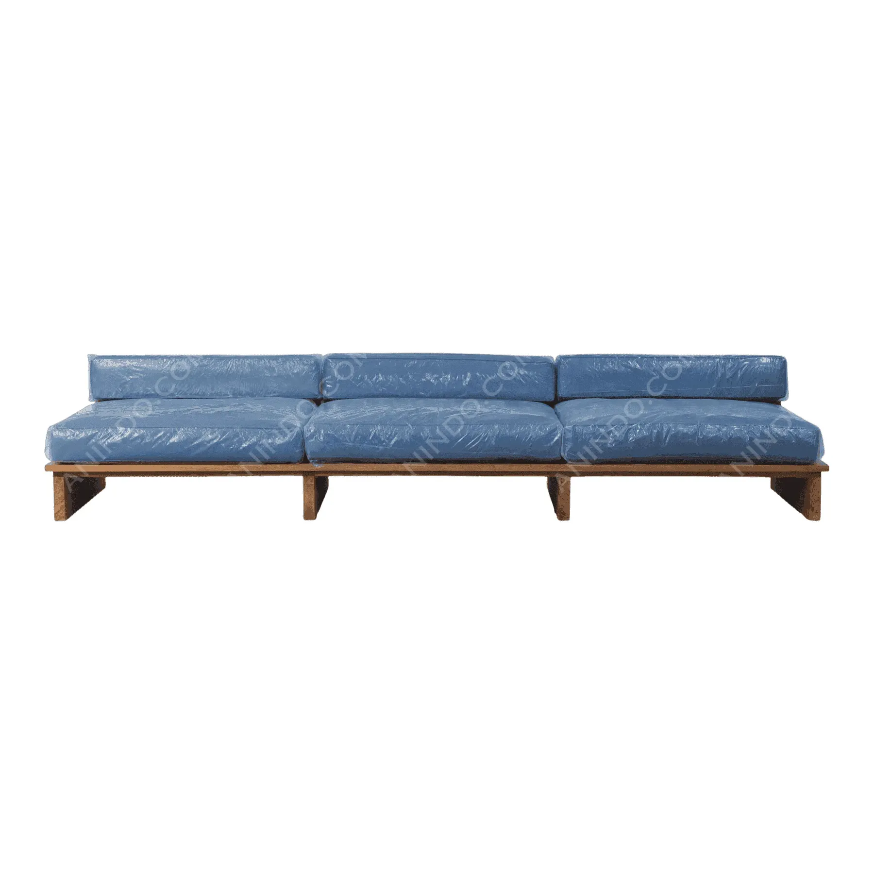 Modern blue leather sofa with wooden base