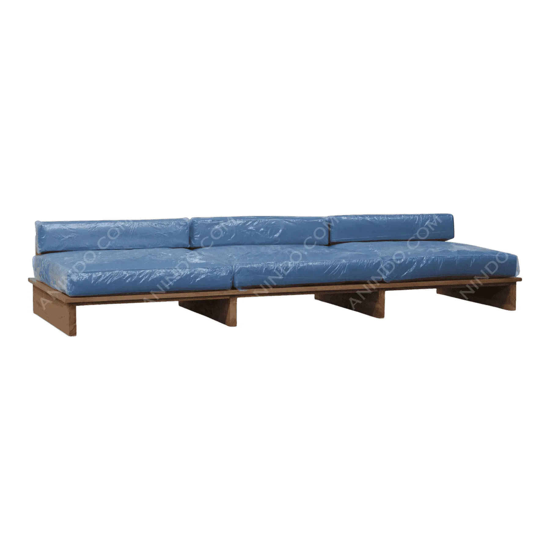 Modern blue leather sectional sofa on wooden base