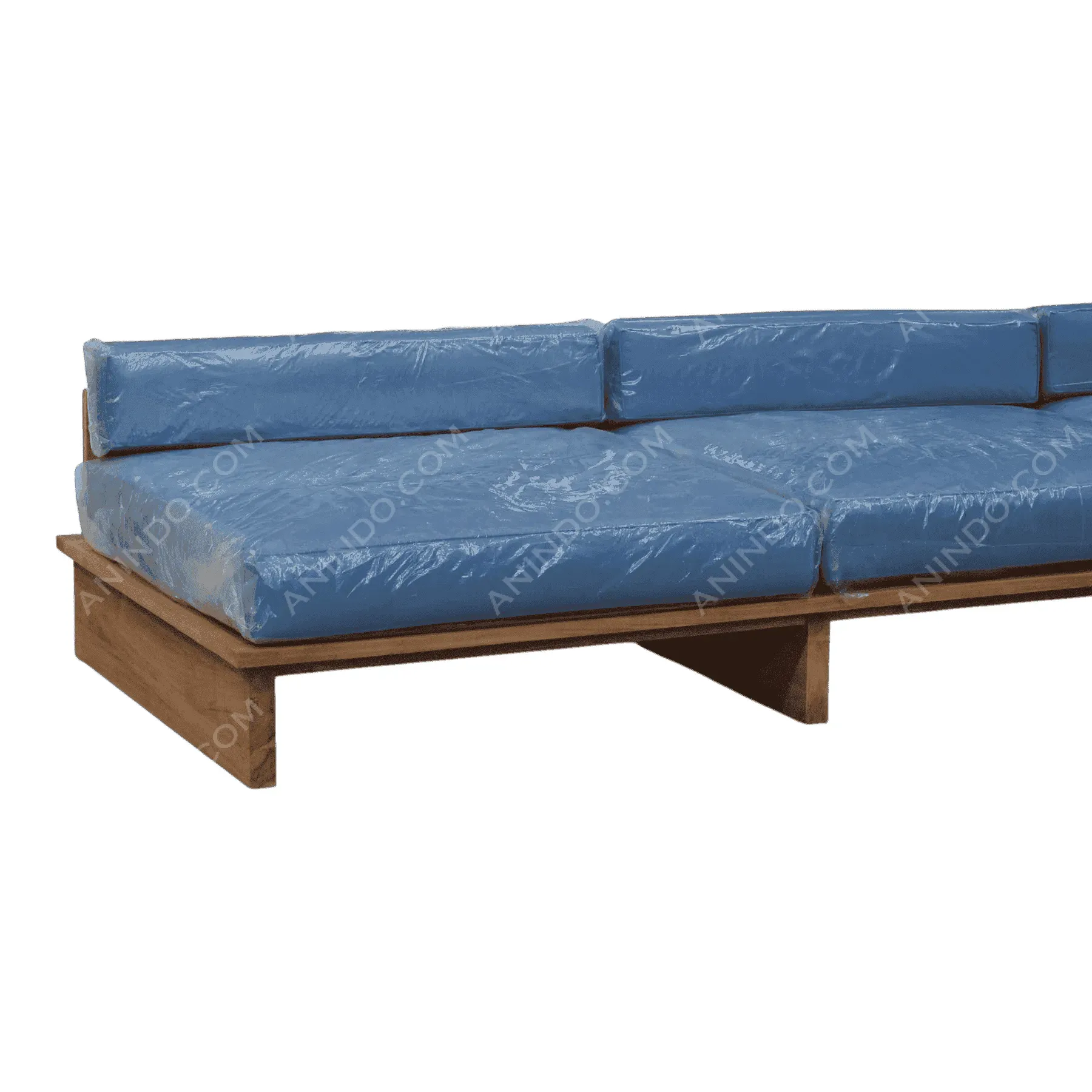 Modern wooden sofa with blue cushions