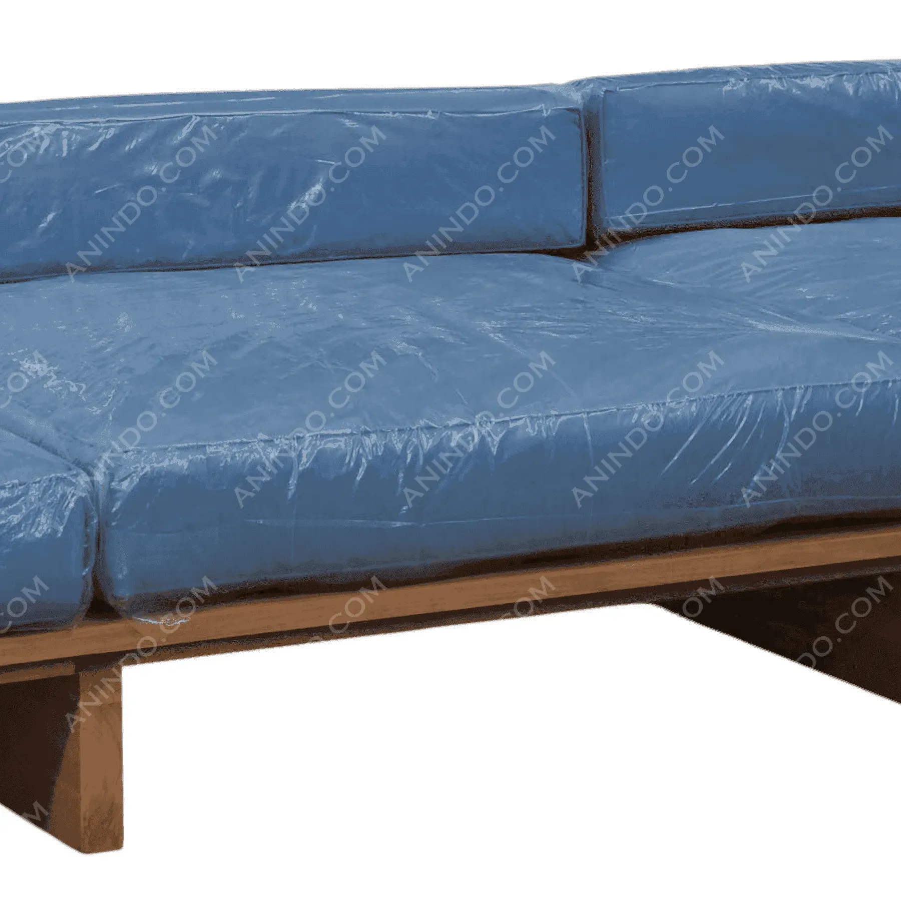 Modern blue couch with wooden base