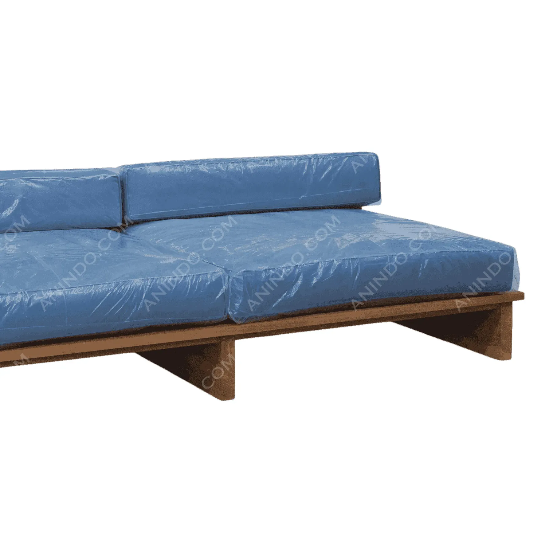 Modern wooden sofa with blue cushions