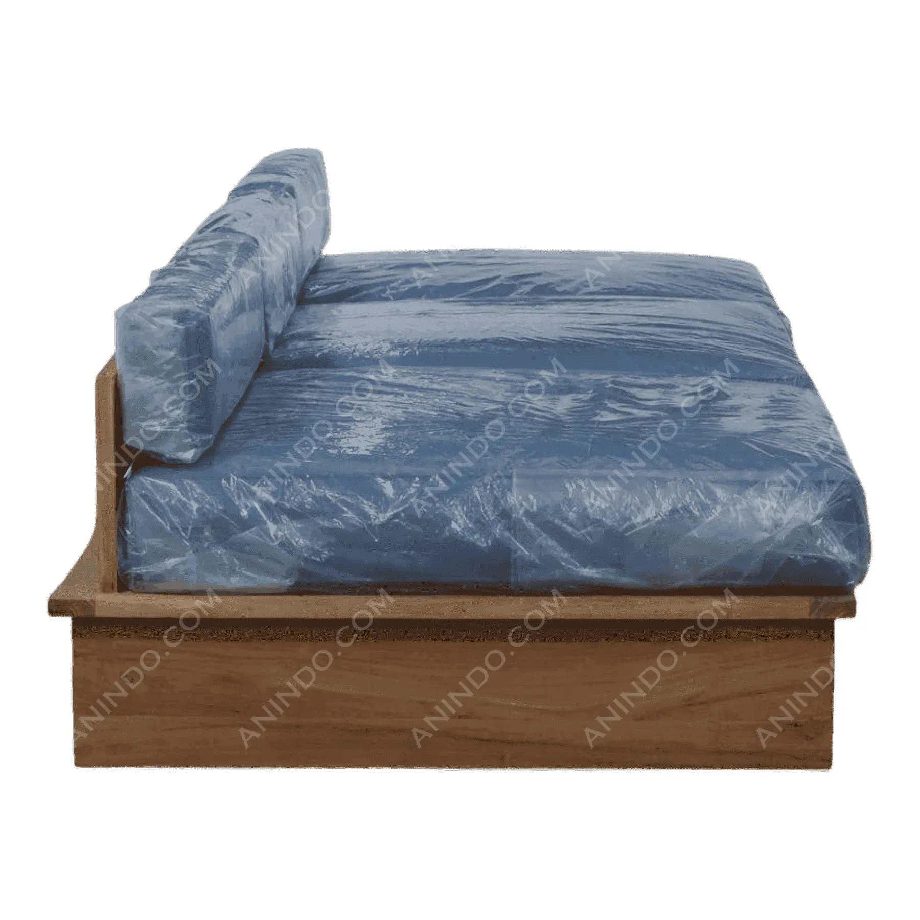 Wooden sofa bed with blue cushions